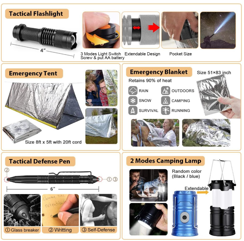 250PCS Survival Kit First Aid Gear with Molle Bag & Emergency Tent