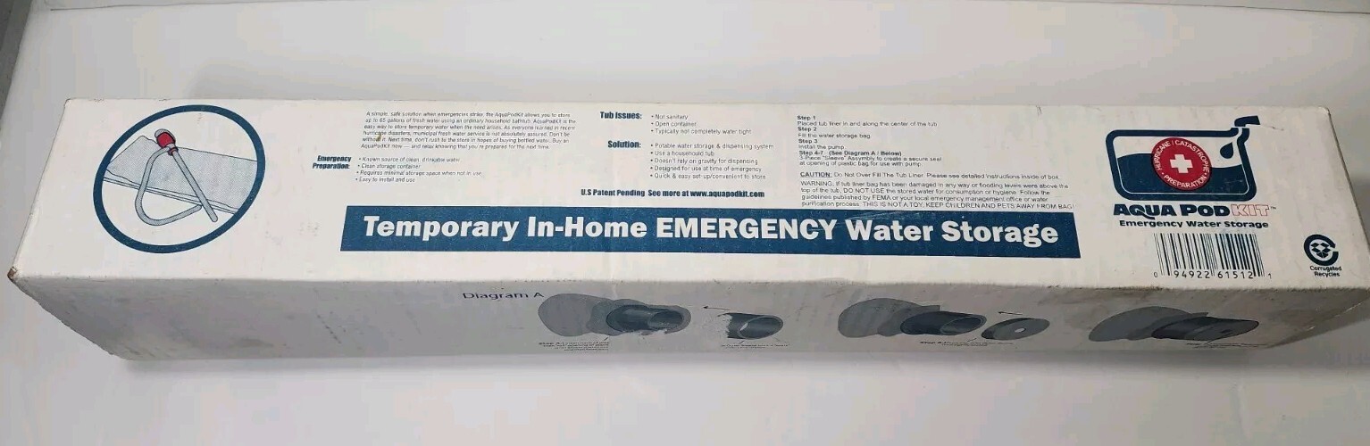 New Unused AquaPod Kit Temporary In-Home Bathtub Emergency Water Storage 65 Gal