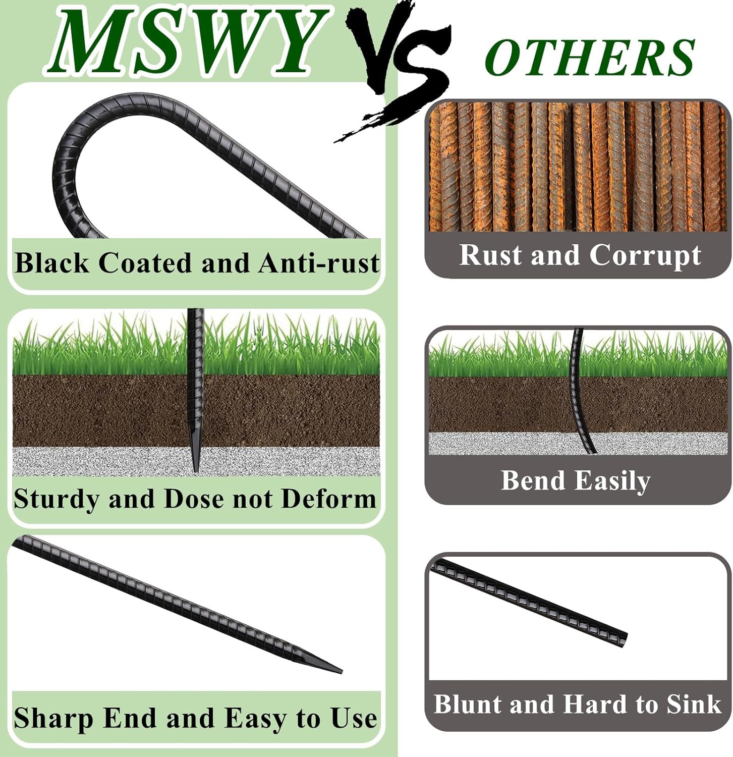 12 Inch Rebar Stakes 50 Pack J Hook Ground J-12"x5/16"-50pcs, Black