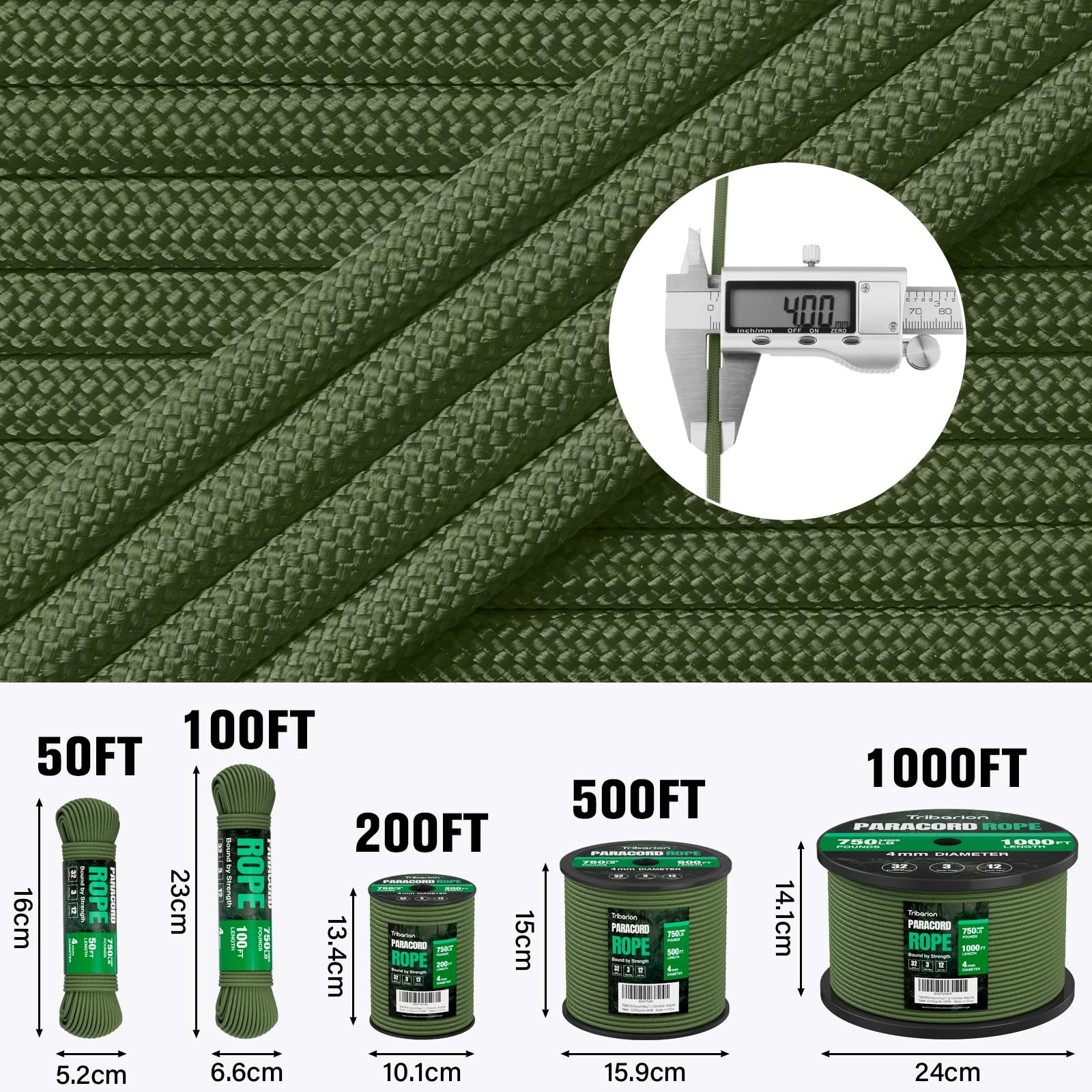 TRIBERION Paracord Rope 750 lb – 1000ft / 500ft / 200ft / 100ft, Army Green