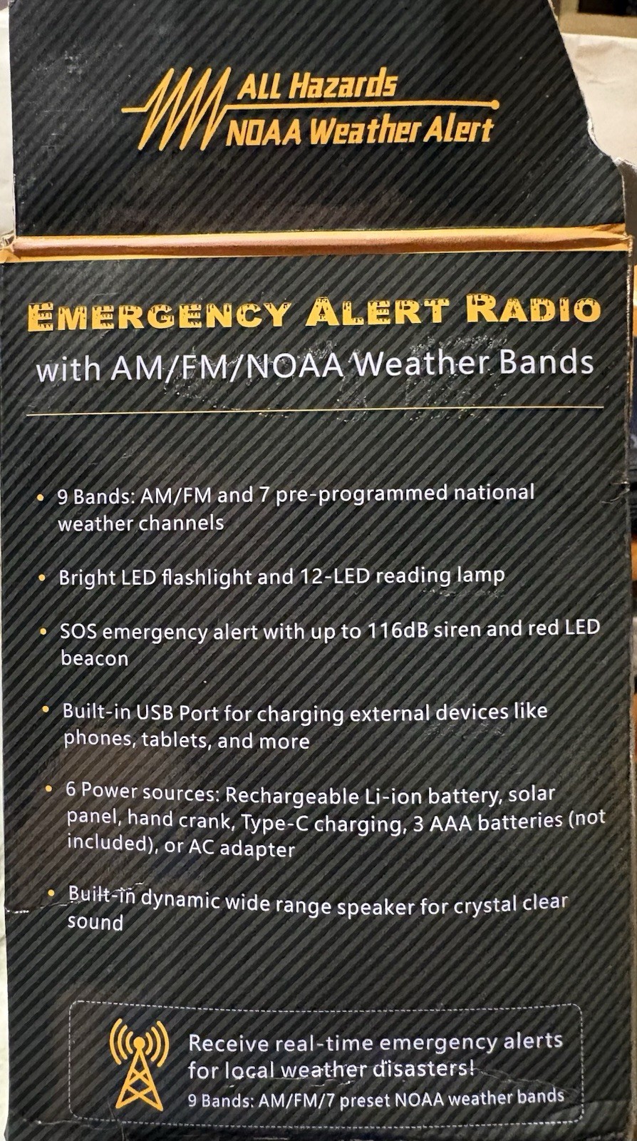 Emergency Weather Radio AM/FM/NOAA Solar, Hand-Crank Or Battery Powered New
