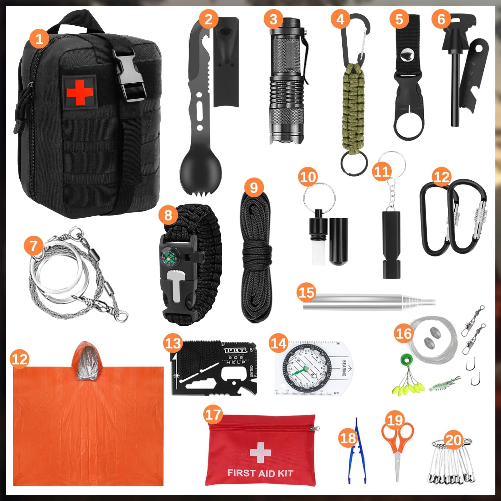 69 Piece Outdoor Emergency Survival Kit Outdoor, Tactical Flashlight Comp…