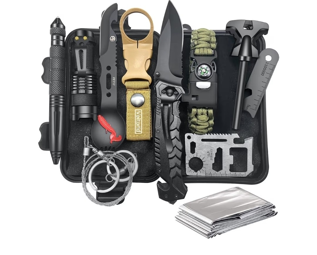Veitorld Survival Kit Black 12-in-1 Multi-Tool Set Knife Fire Starter Compass