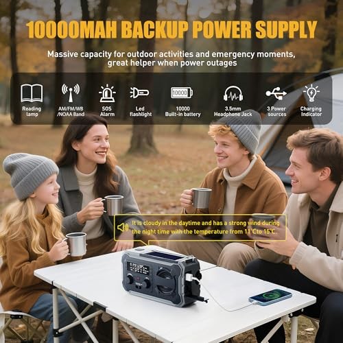 Hand Crank Emergency Radio, 10000mAh Weather Radio with AM/FM/NOAA, Solar Grey