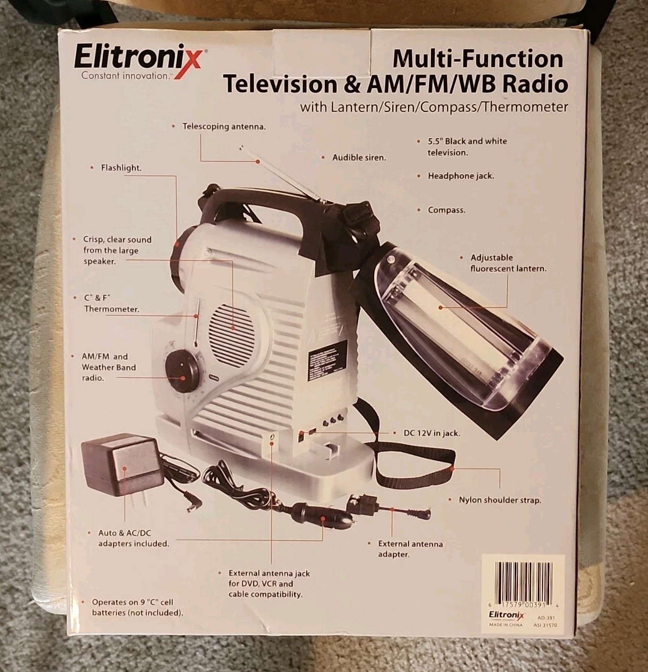 Elitronix AD-391 Multi-Function TV Radio White Lantern Siren Compass Thermometer