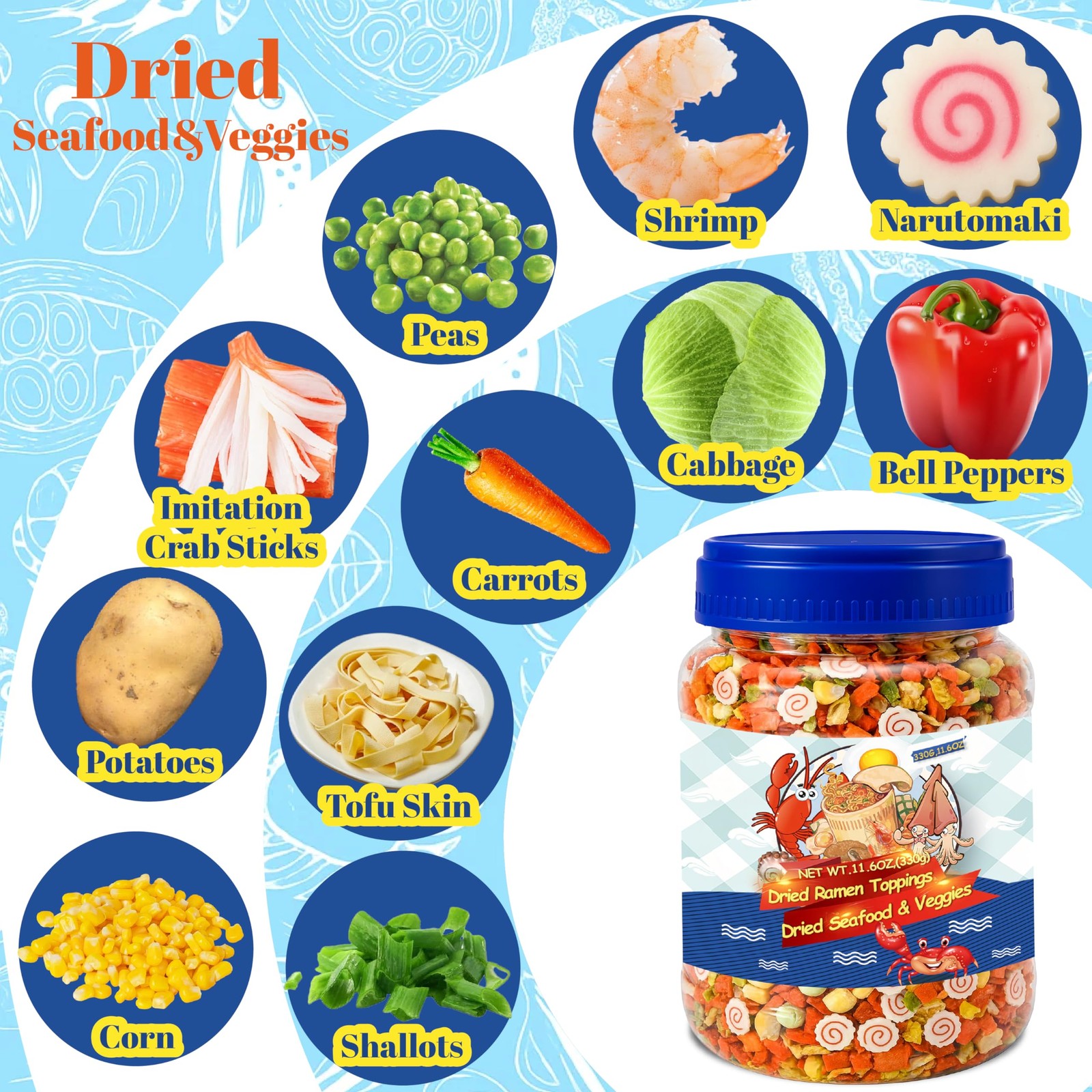 11.6oz Dried Ramen Toppings – 11 Mixed Dehydrated Seafood & 11.6 ounces