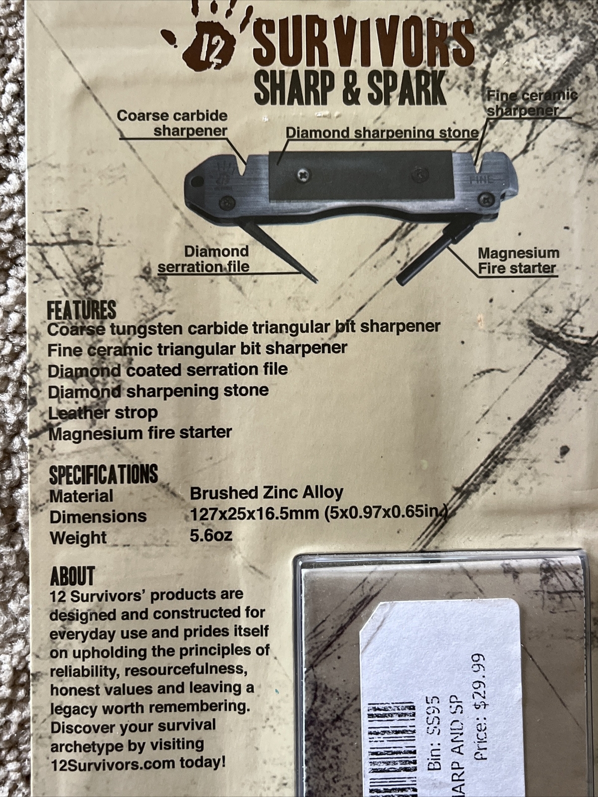 NEW 12 Survivors Sharp & Spark 6-In-1 Knife Sharpener & Fire Starter Tool SP $25