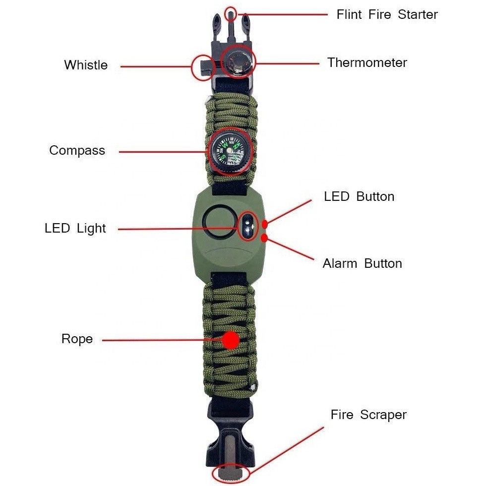8-in-1 Survival Watch Personal Alarm With LED Flashlight, Fire Starter, Whistle