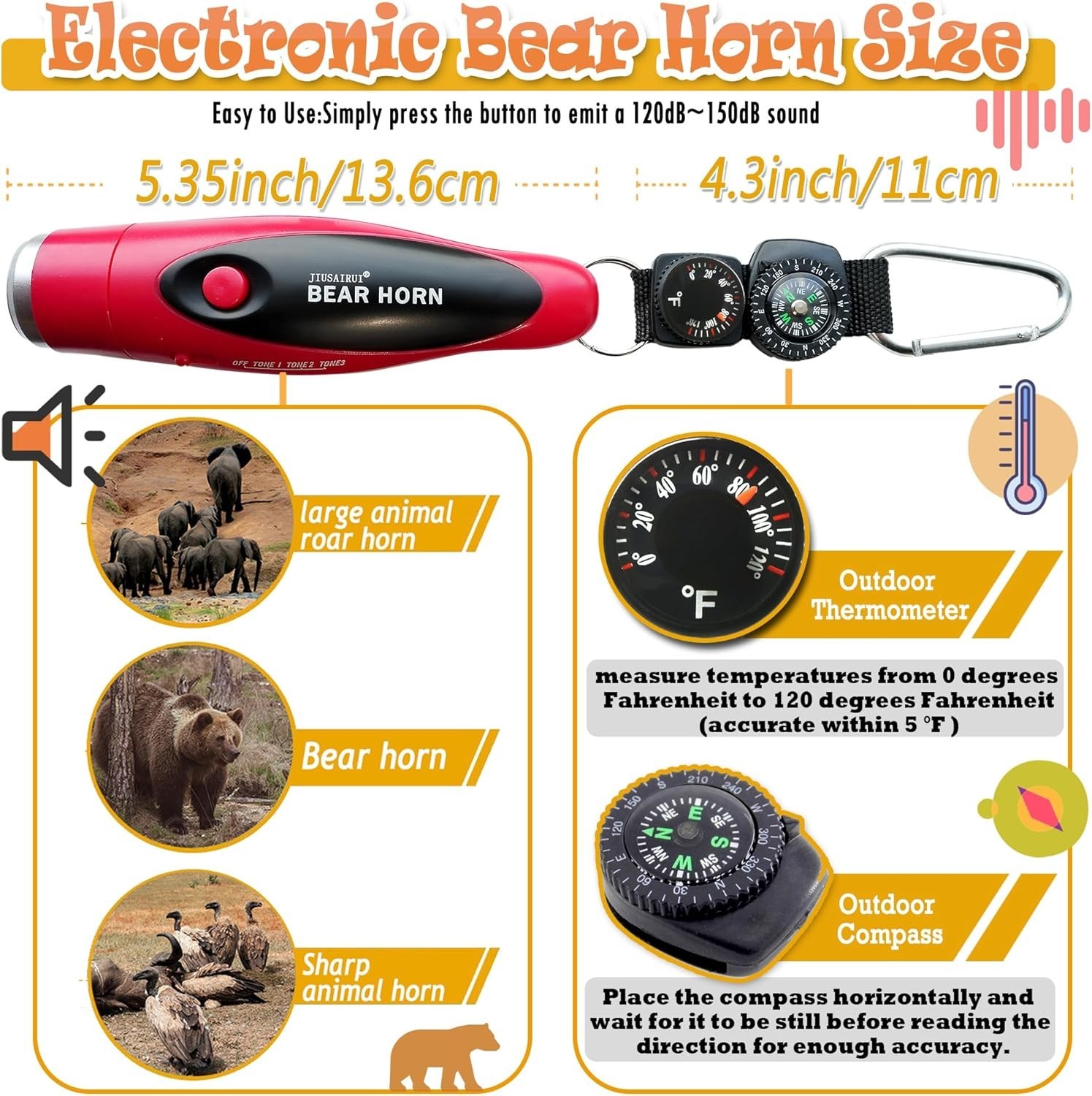 Portable 120dB Bear Deterrent Horn with Compass & Thermometer for Outdoor Safety