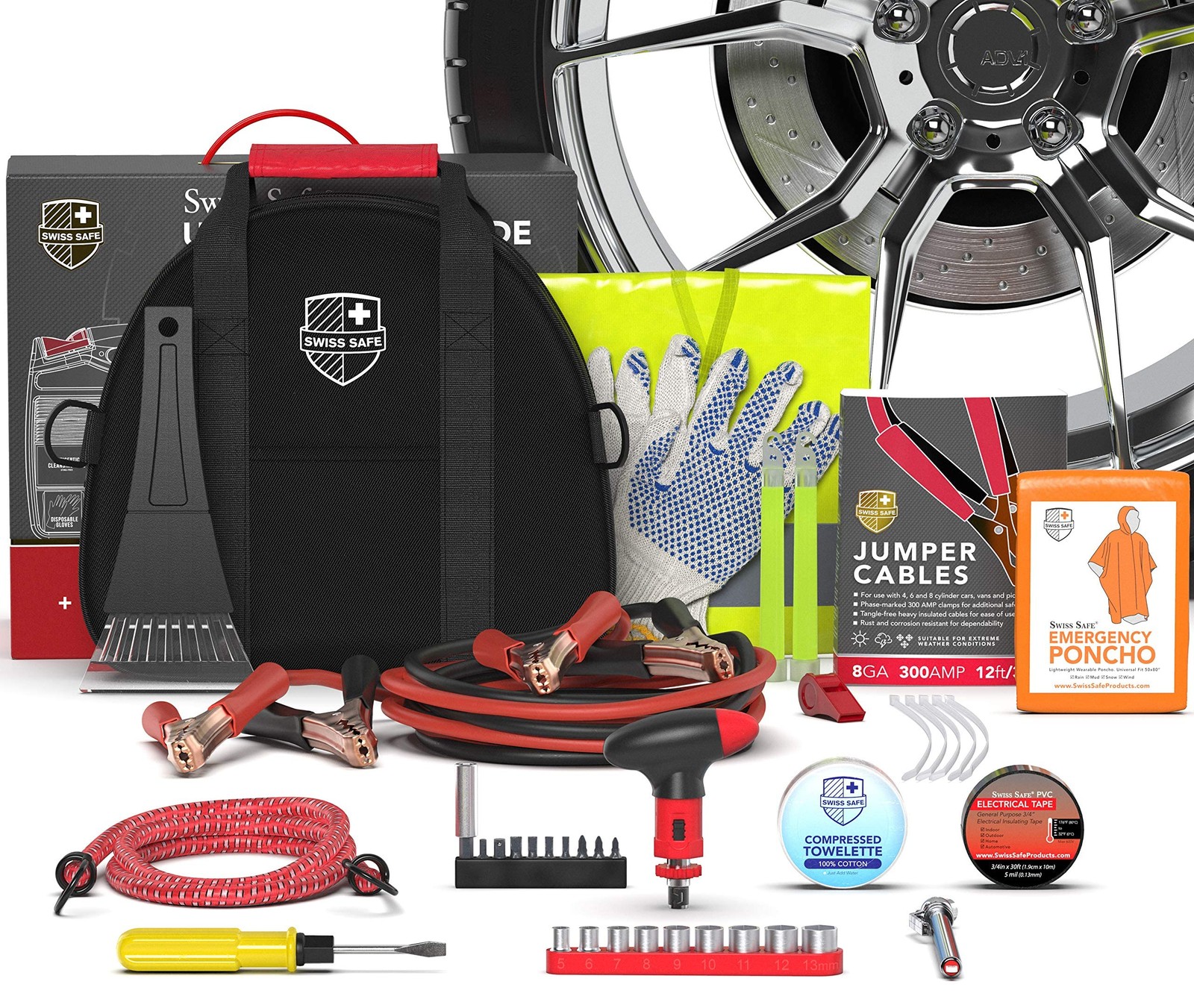 Swiss Safe 2-in-1 Car Emergency Kit | 12-FT Heavy-Duty Jumper 348 Piece Set