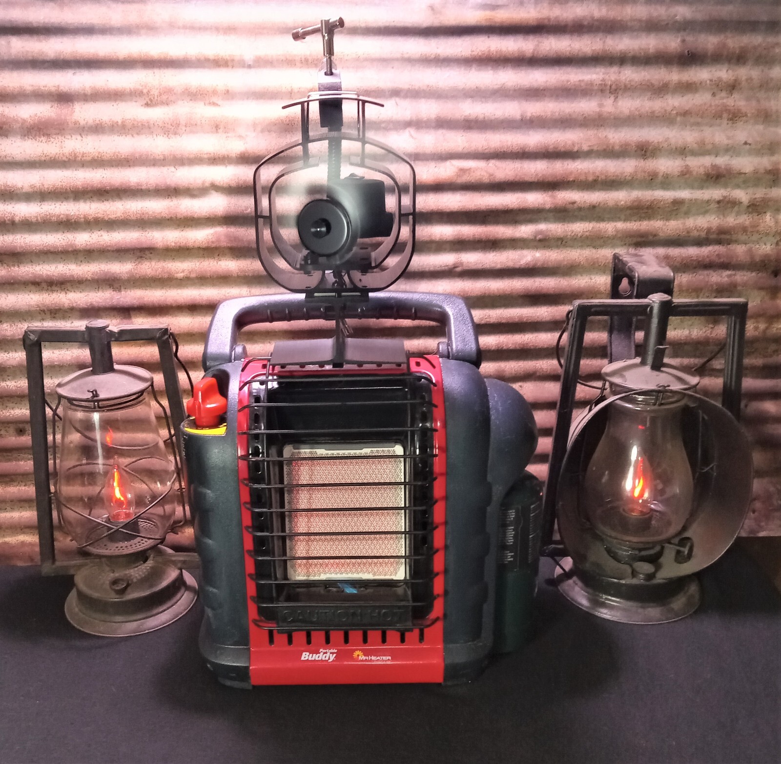 Mr. Heater “Buddy” Single Tank Wood Stove, Heat Powered Fan Mount. Custom Built.