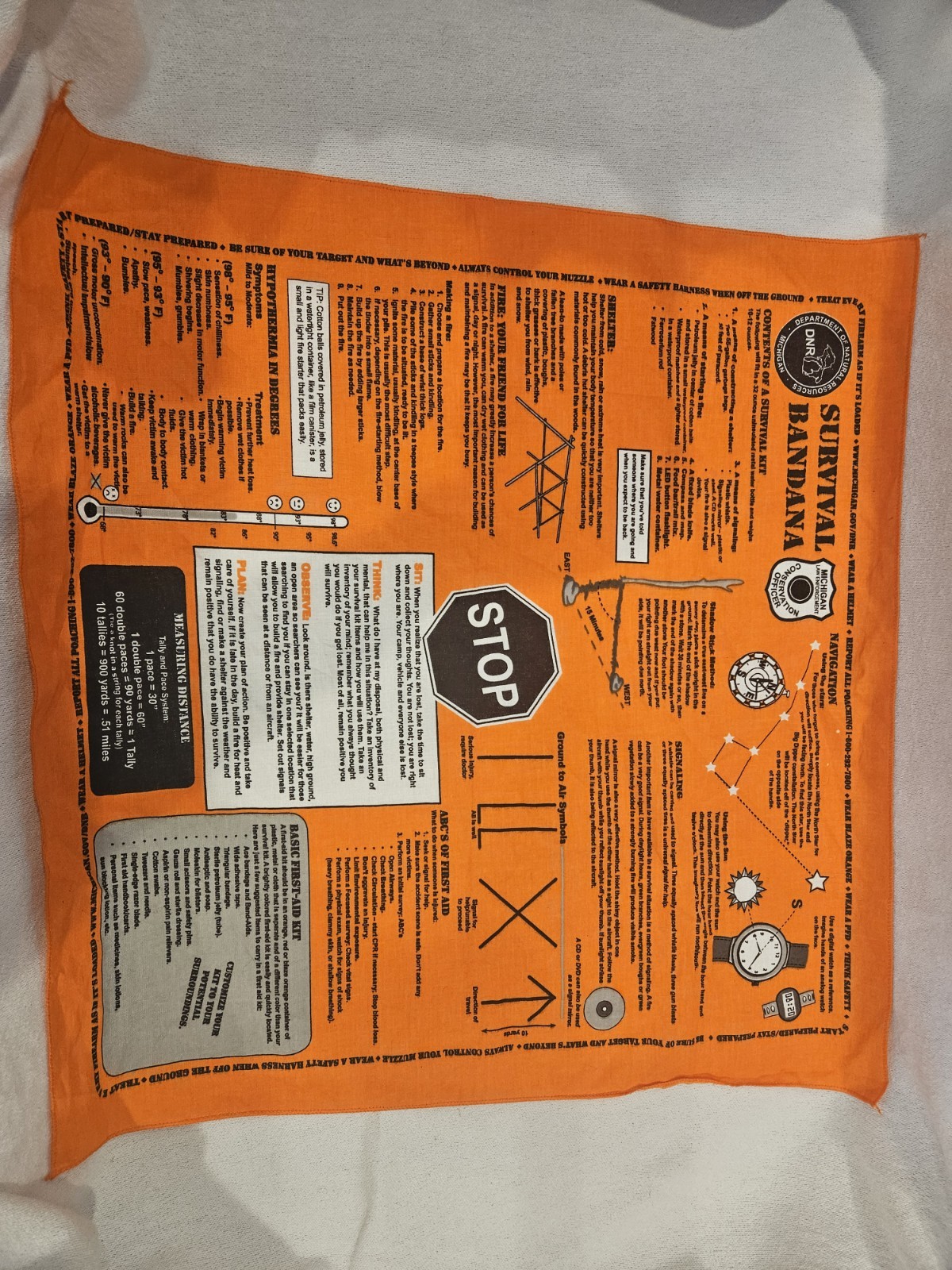 Survival Bandana Michigan DNR Blaze Orange Emergency First Aid Scarf Hiking