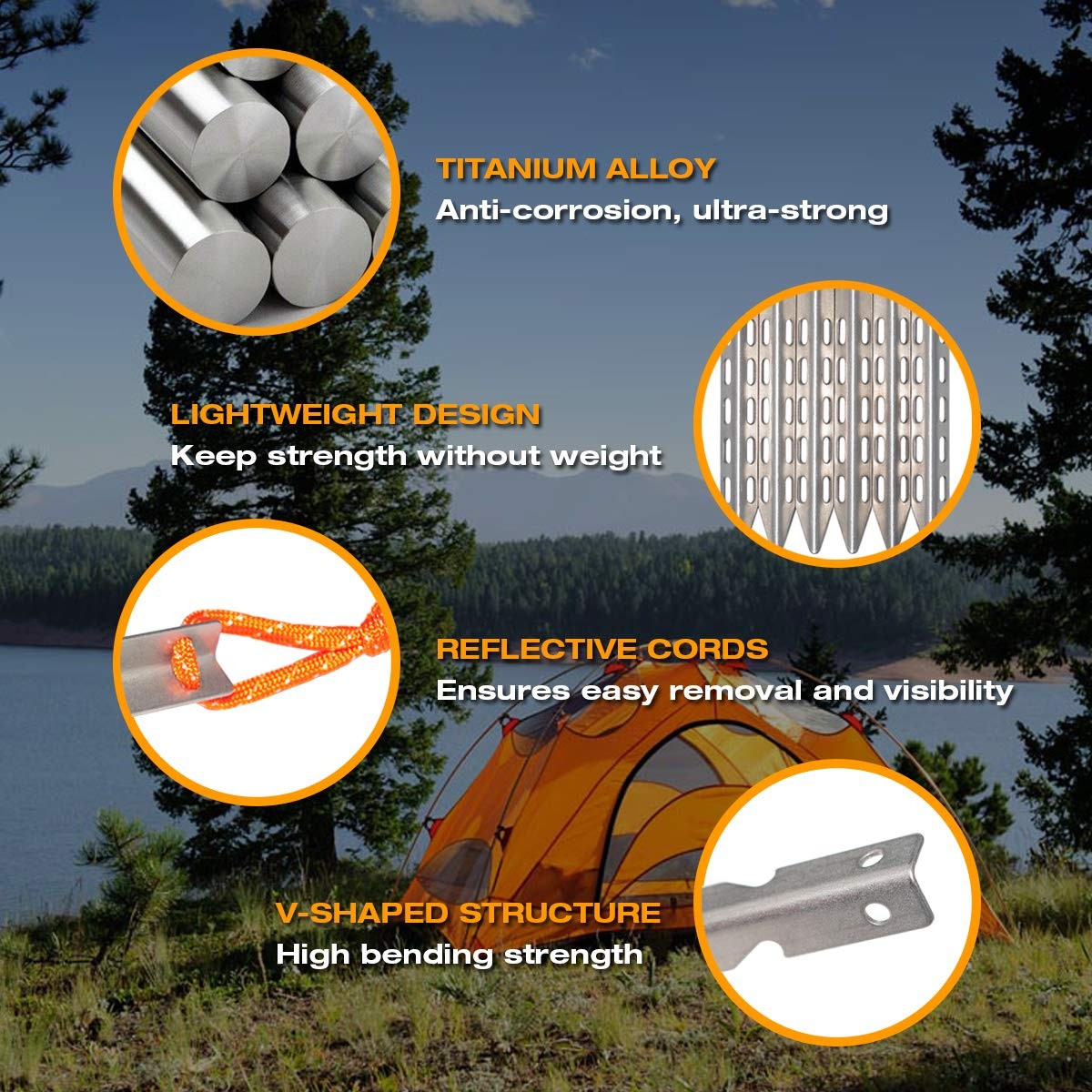 Hikemax Ultralight Titanium Tent Stakes 6 Pack – V-Shaped Pegs 6