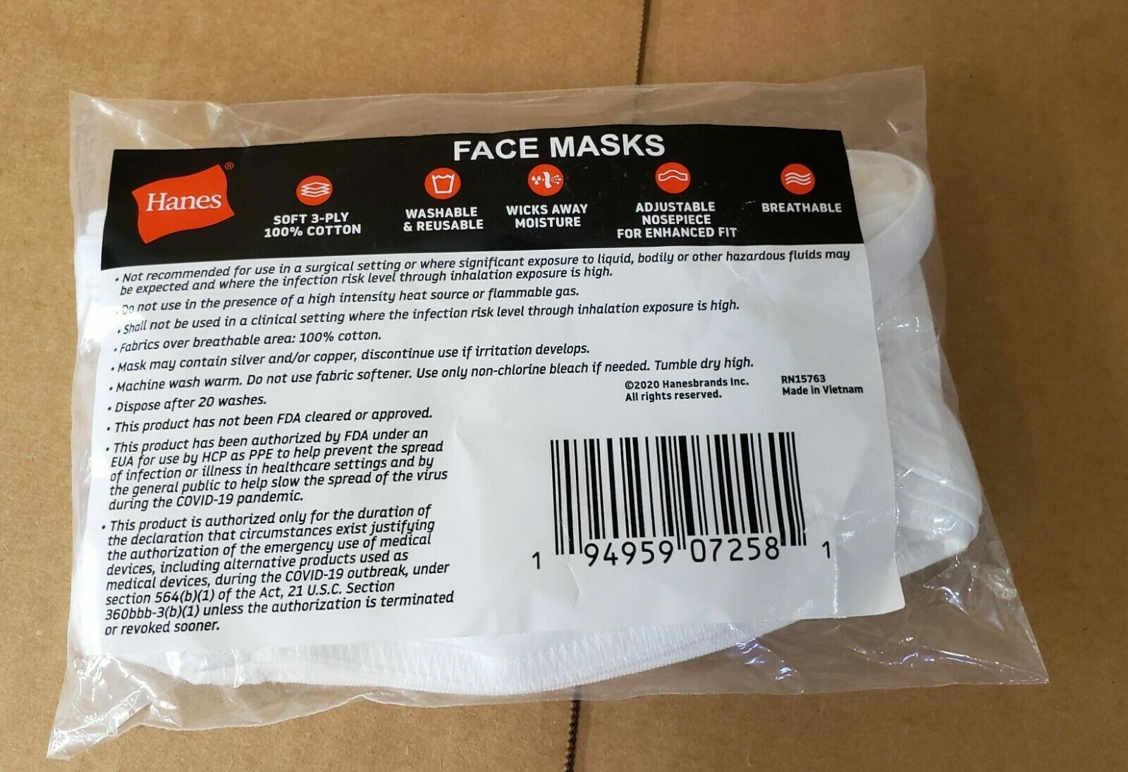 New 5 Pack Hanes Reusable PPE White Face mask, Washable soft 3-ply 100% Cotton
