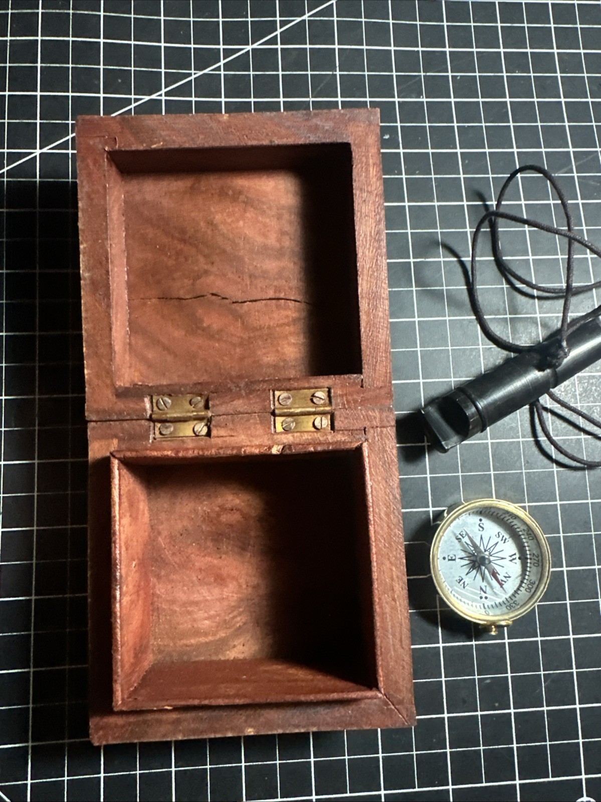 Rose Wood Survival Kit Storage Box With Vintage Compass And Whistle