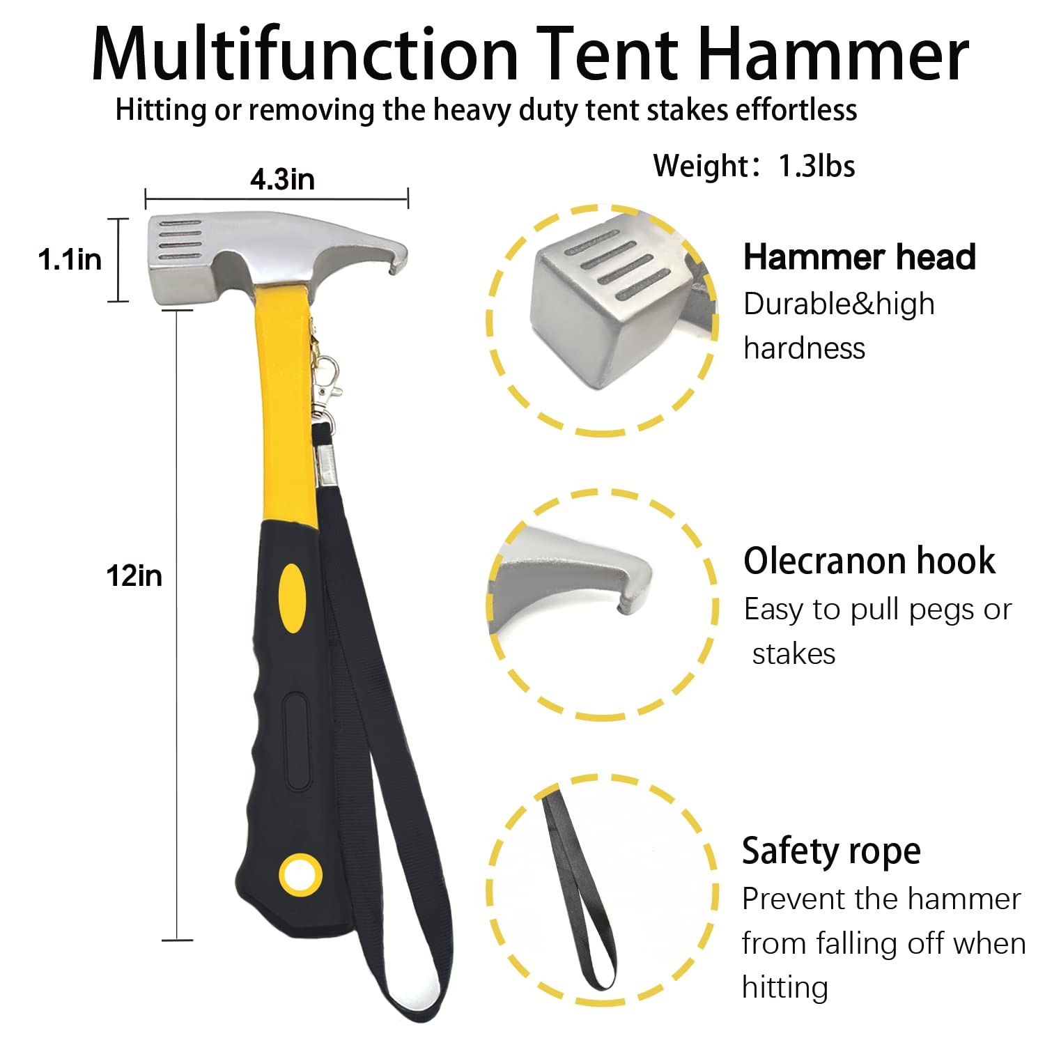Tent Stake with Hammer, 12-Pack 12in Heavy Duty Stakes + 10in Black