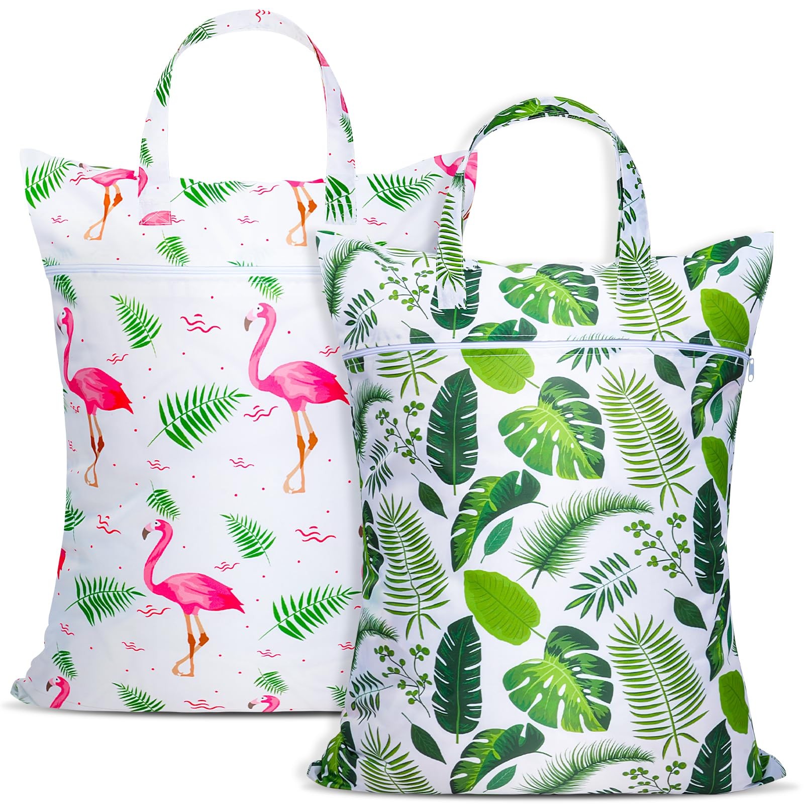 2 Pcs Large Travel Laundry Bags – Waterproof with Large, Green Leaf +Flamingo