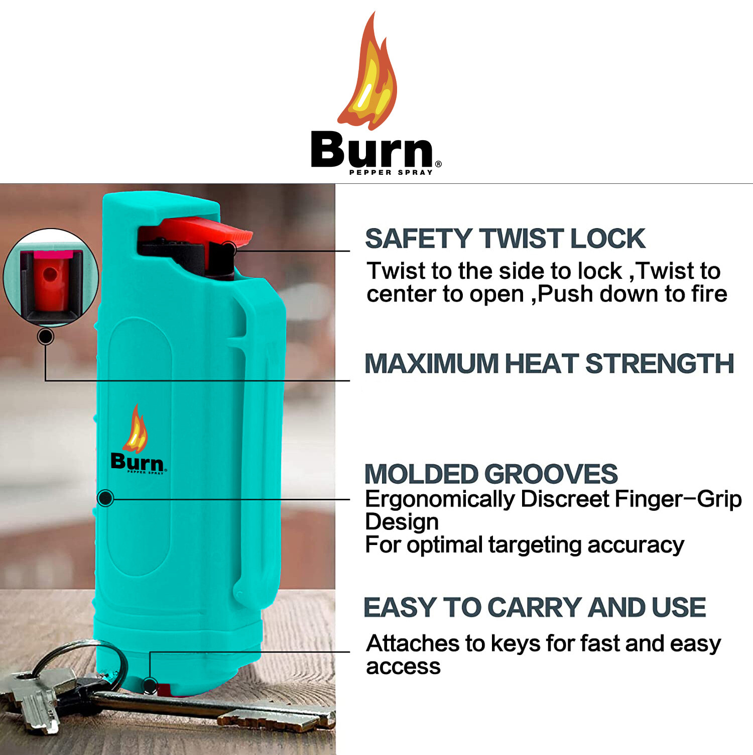 2 Pack BURN Pepper Spray 1/2oz Self Defense Security Keychcain Green Molded
