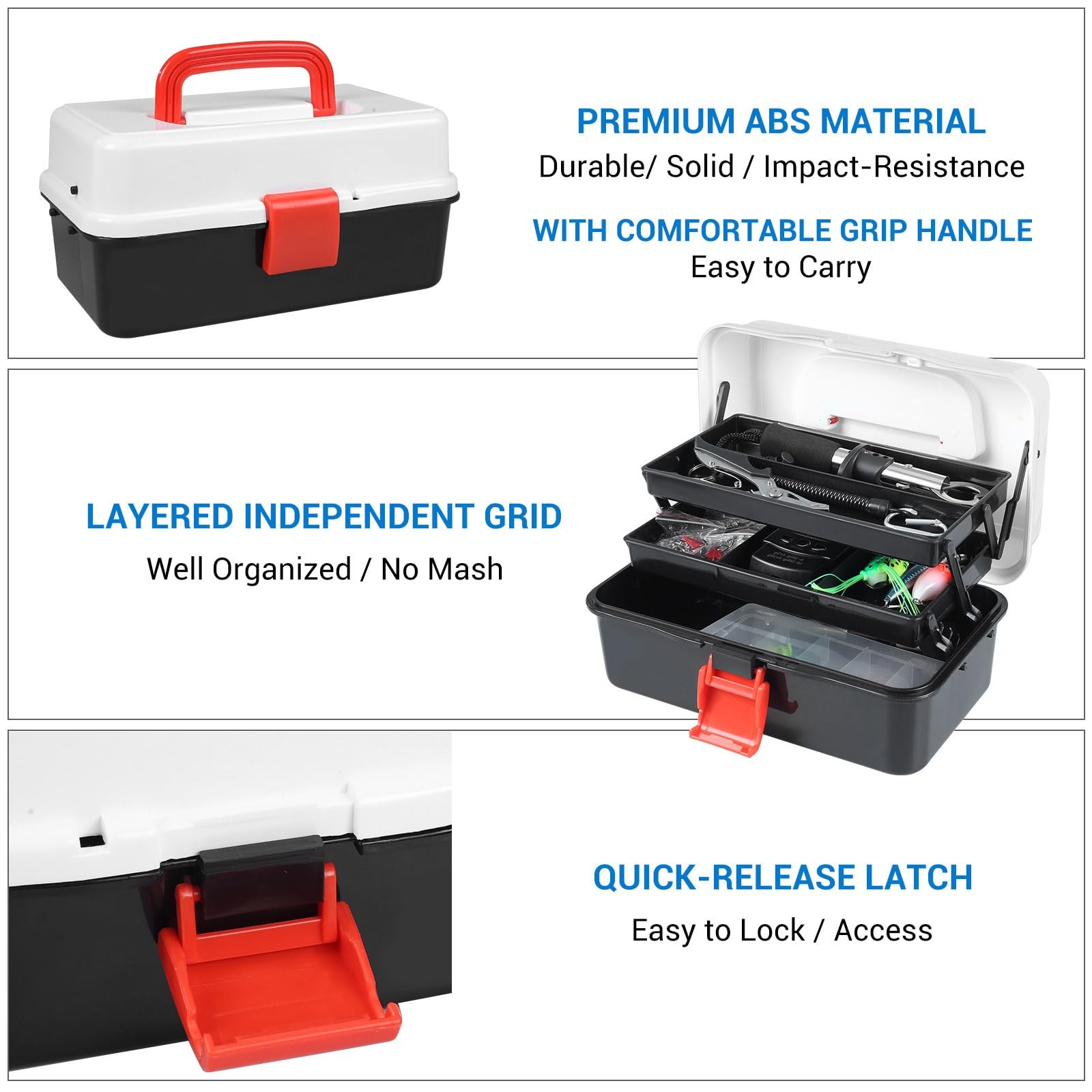 3 Layers Fishing Tackle Box, 213Pcs Lures Kit 11X6X5 inches, black