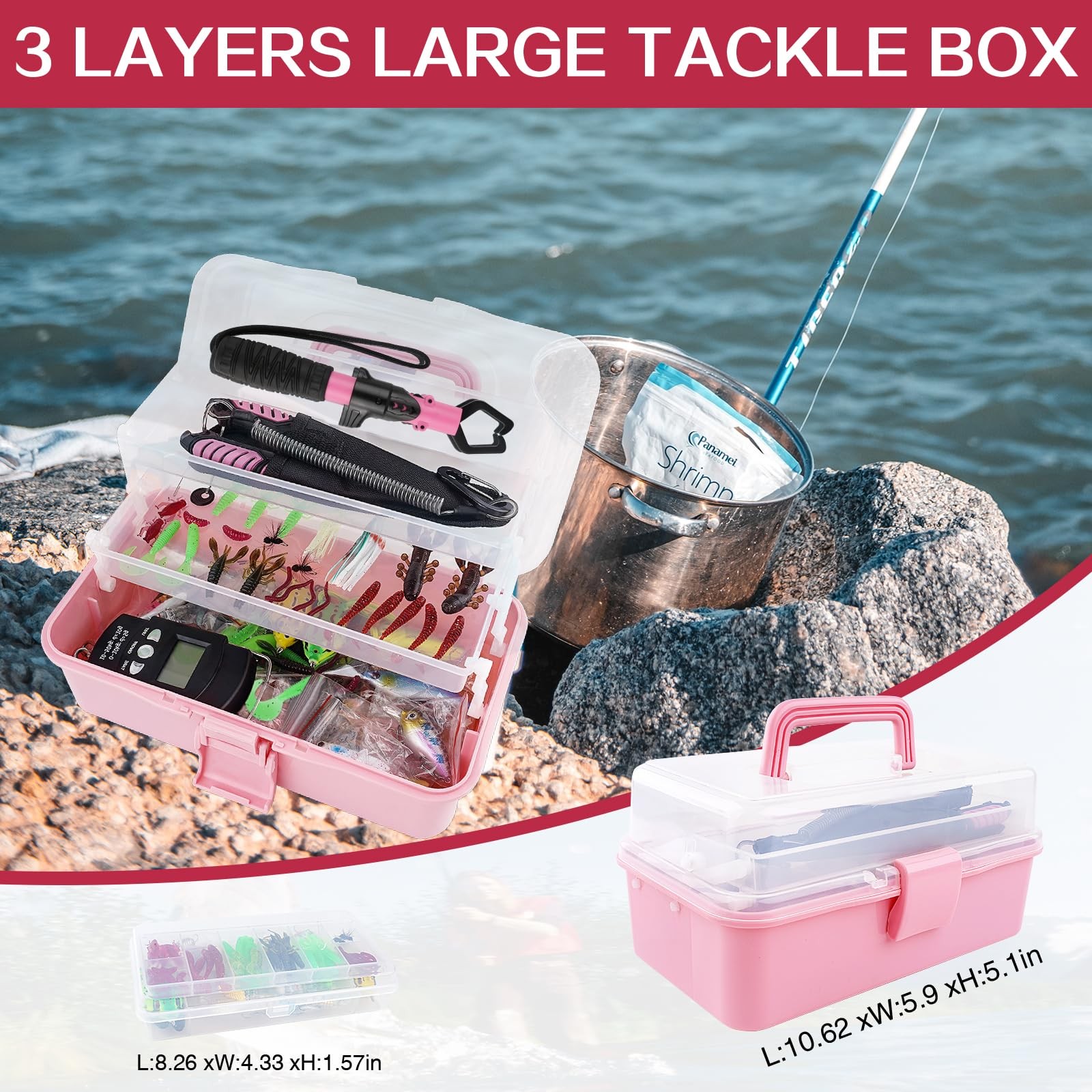 3-Layer Pink Fishing Tackle Box with Included, Tools Kit