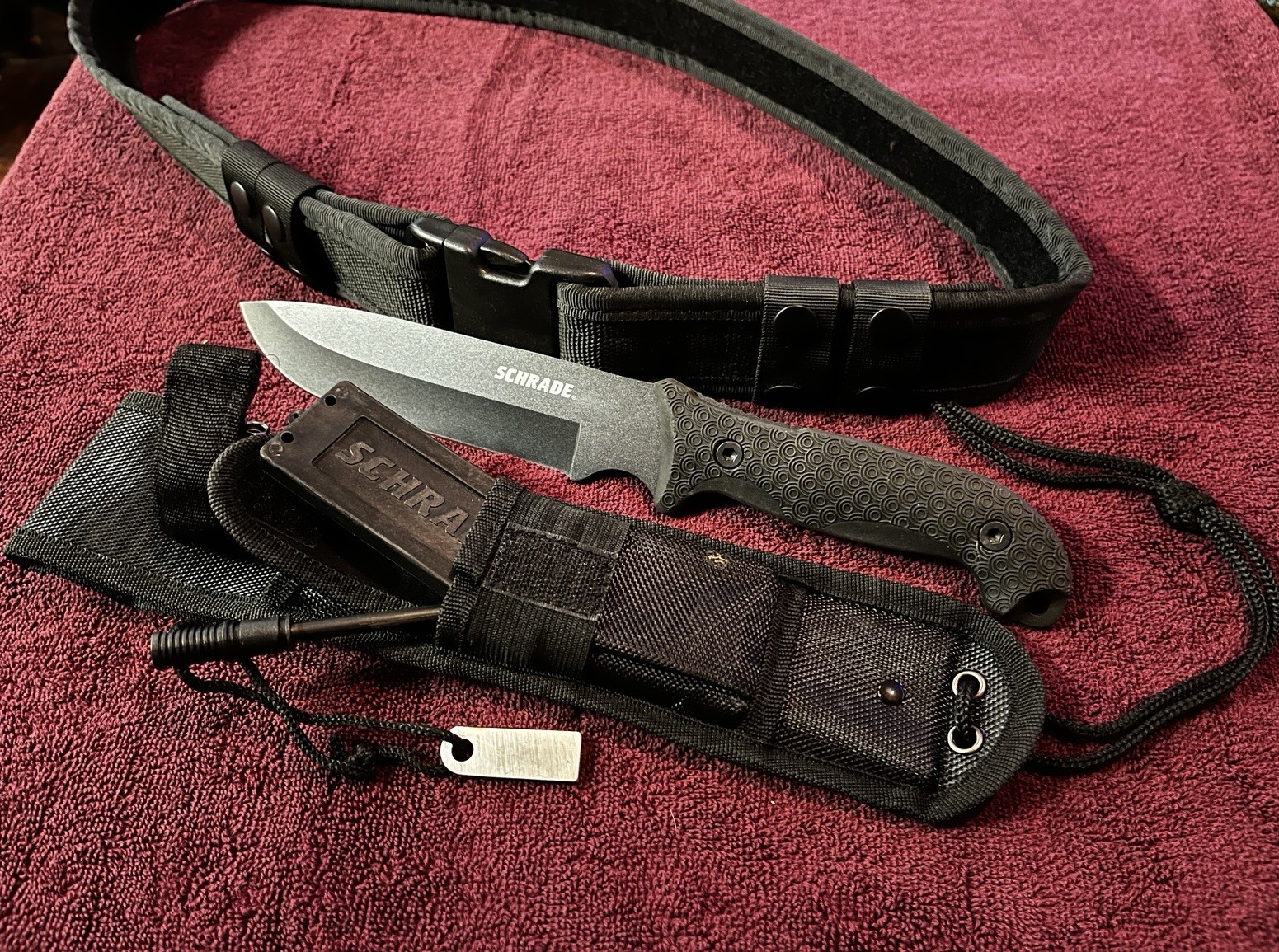 Schrade Survival Knife With Sheath, Ferro Rod, Sharpening Stone. Plus Duty Belt