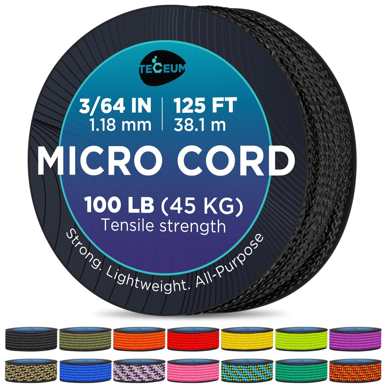 TECEUM Micro Paracord – Black – 1.18 mm x 125 ft – 125 ft,