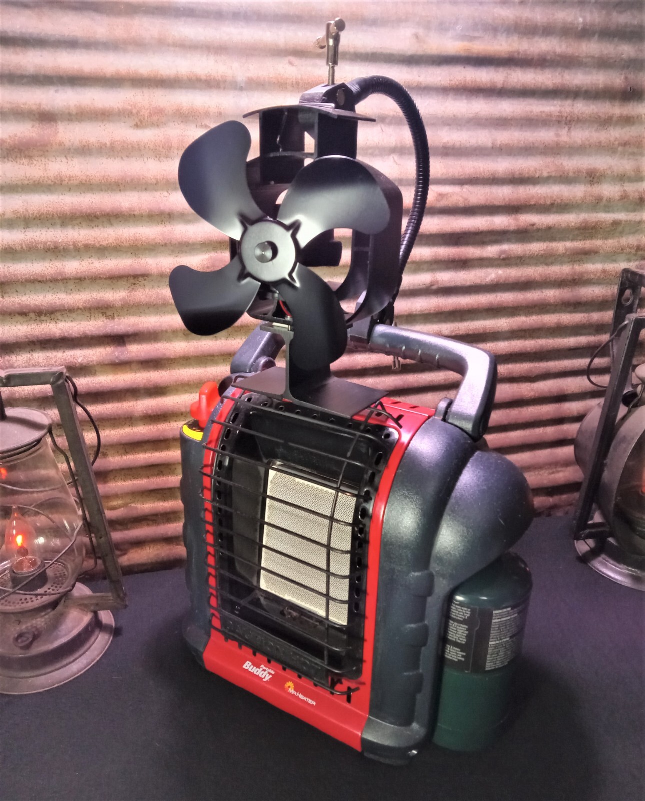 Mr. Heater “Buddy” Single Tank Wood Stove, Heat Powered Fan Mount. Custom Built.