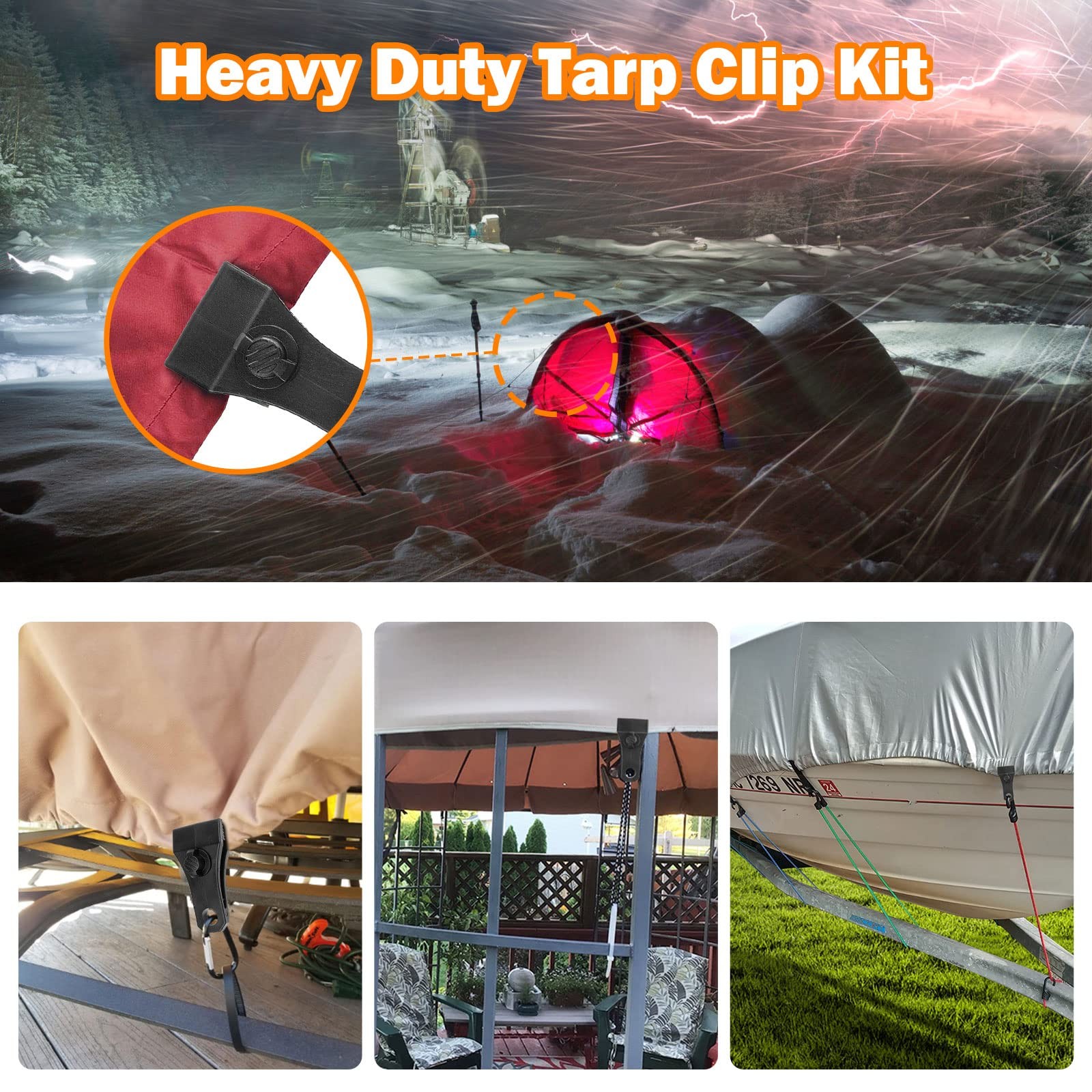 Upgrade 2.23 x 1.17 x 0.16 inches, Large 24 Tarp Clips With Carabiner-black