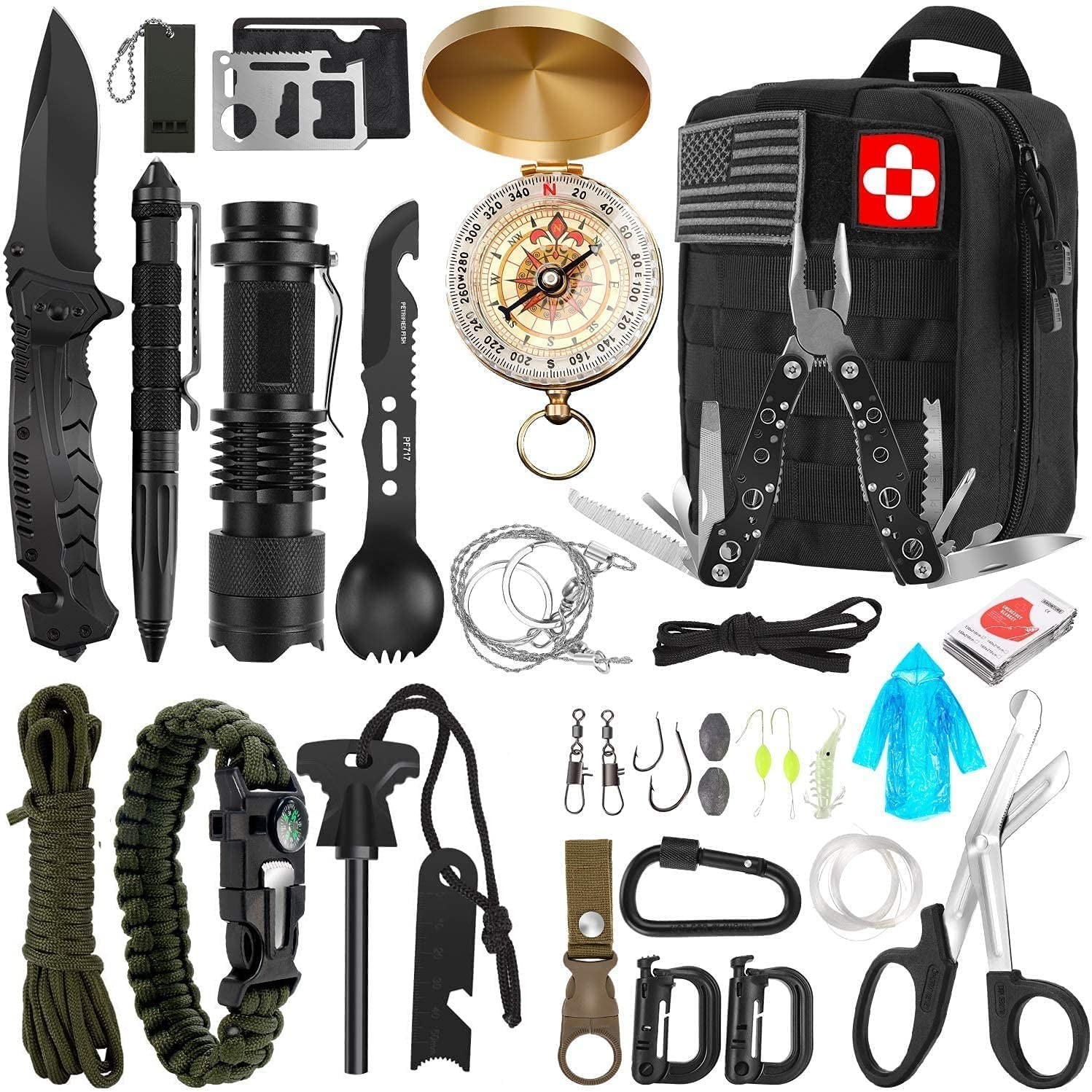 Survival Kit, 32 in 1 Professional Emergency 16 Piece Set, Black