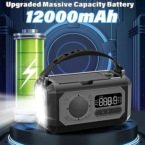 12000mAh Emergency Weather Radio, Hand Crank Solar Radio Portable Gray