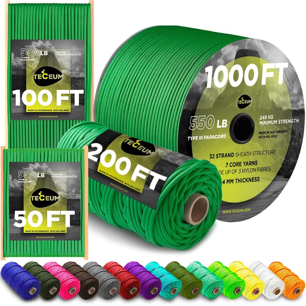 TECEUM Paracord Type III 550 Green – 100 ft – 4mm – Tactical 100 ft,