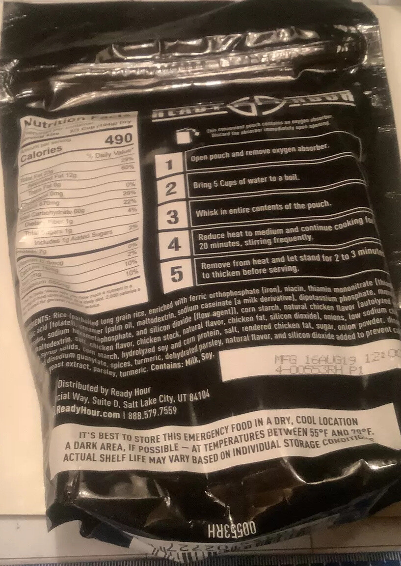 ready hour emergency food storage 25 yr shelf life creamy chicken flavored RICE