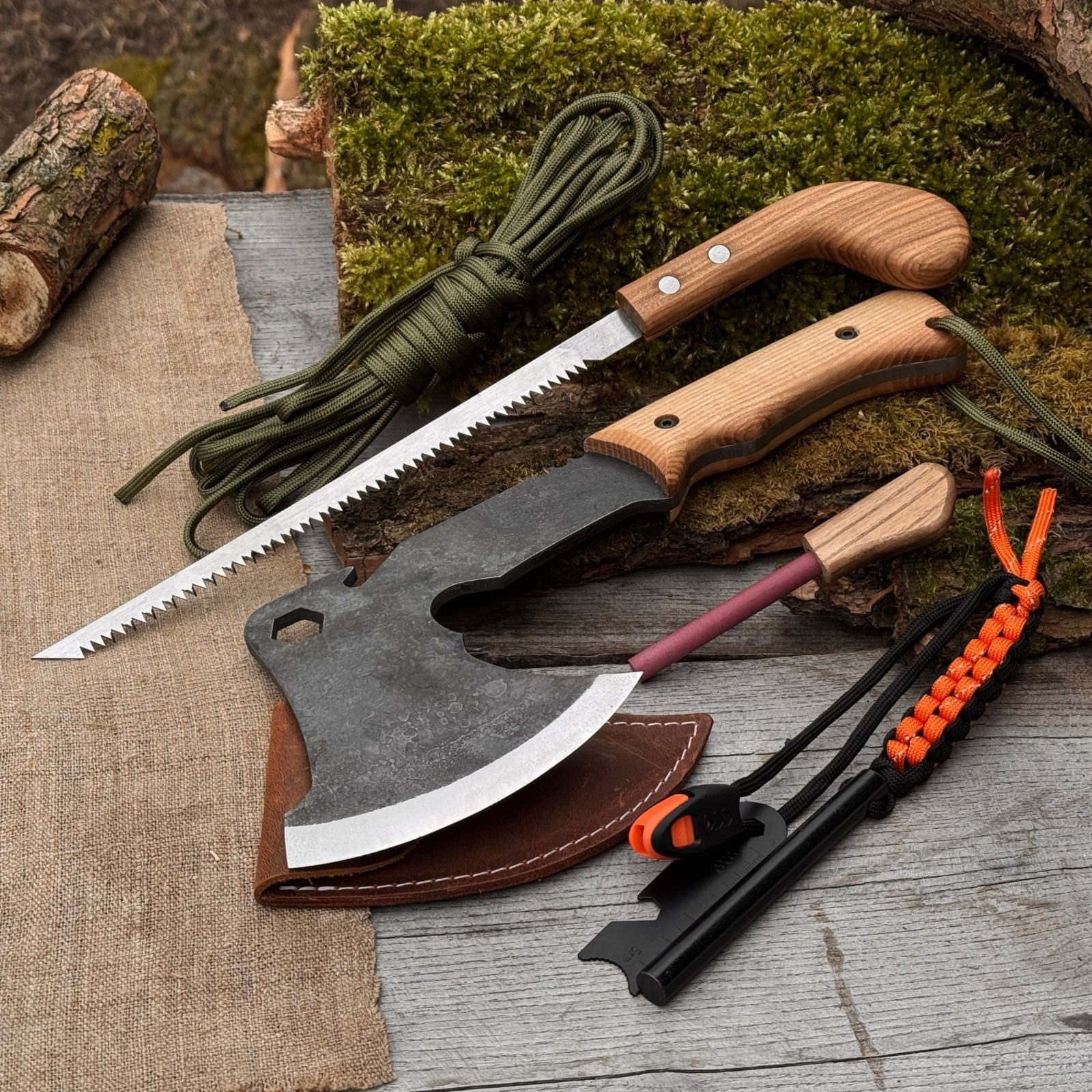 Bushcraft Kit with Camping Axe Saw Ferro Rod Sharpening Tool for Hiking Fishing