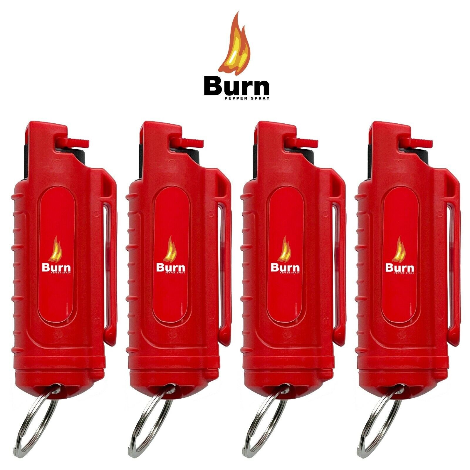 BURN Pepper Spray 1/2oz Keychain Self Defense Safety Lock Molded Red 4 Pack