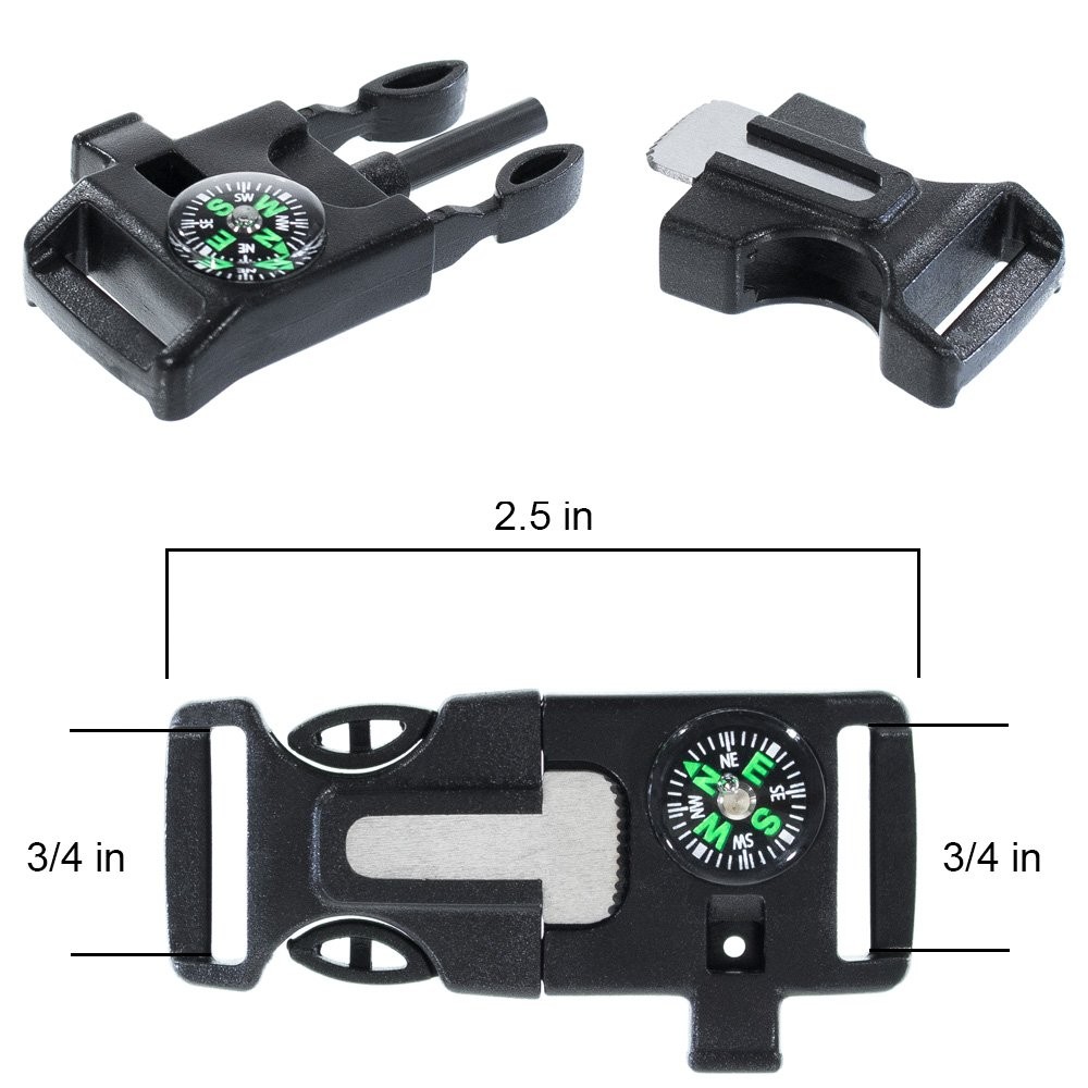3/4 Inch Survival Buckle, 10 Pack – Emergency Whistle, Flint Scraper, Compass…