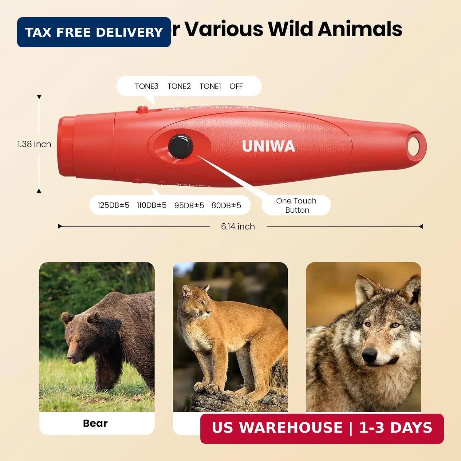 UNIWA Bear Horn – 125± dB Loud Safety Alarm with Compass & Retractable Hook, Com
