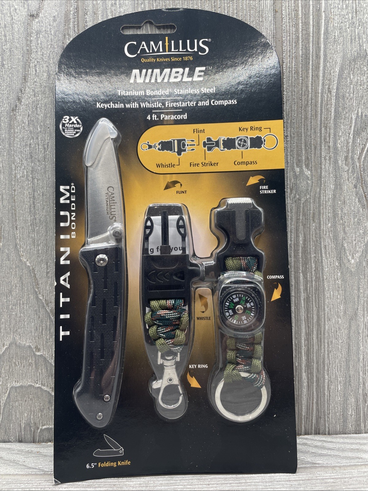 Camillus Nimble Survival Knife Set Keychain Whistle Compass Firestarter Paracord