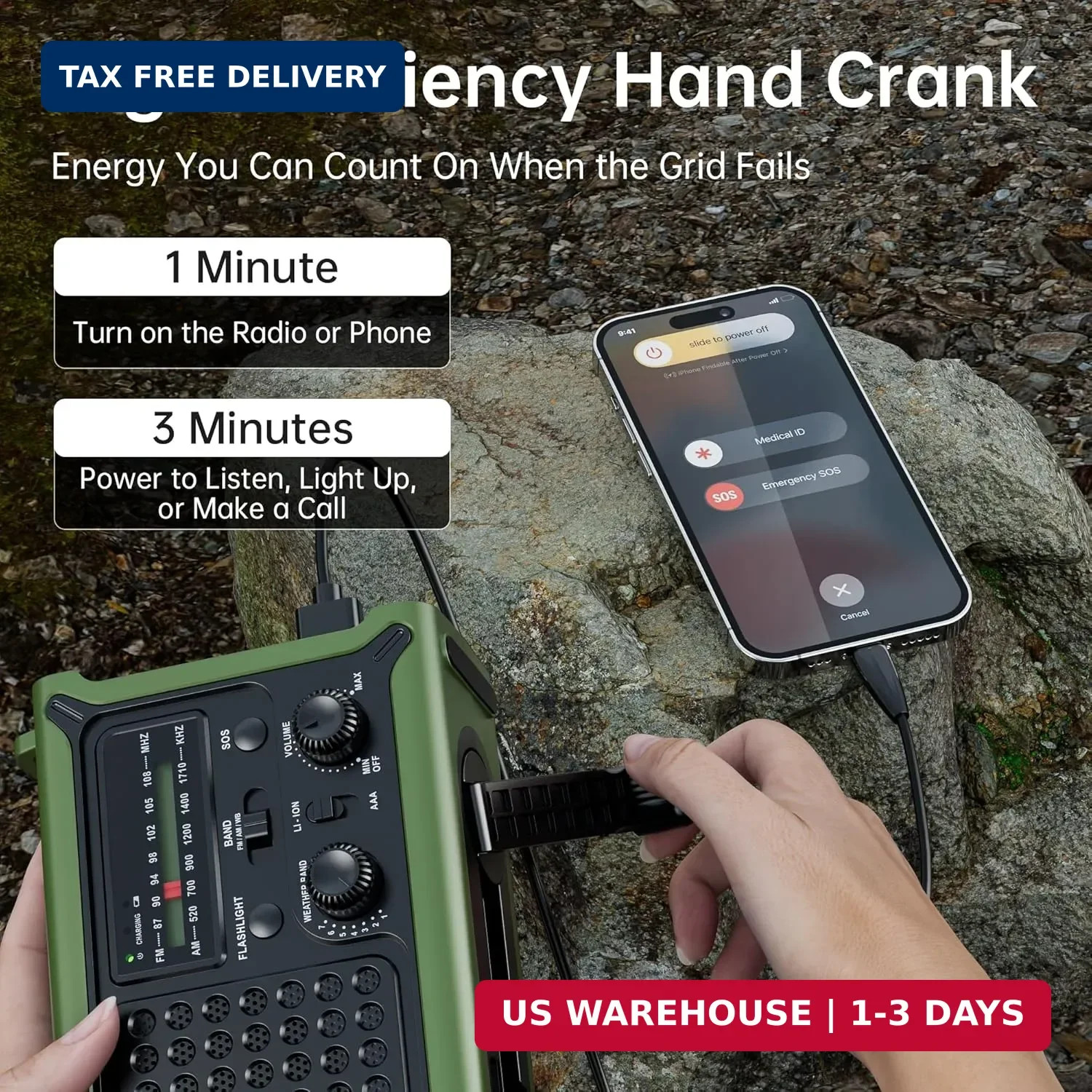 Solar Radio Emergency Hand Crank 12000mAh with Clear Signal, AM FM NOAA Weather