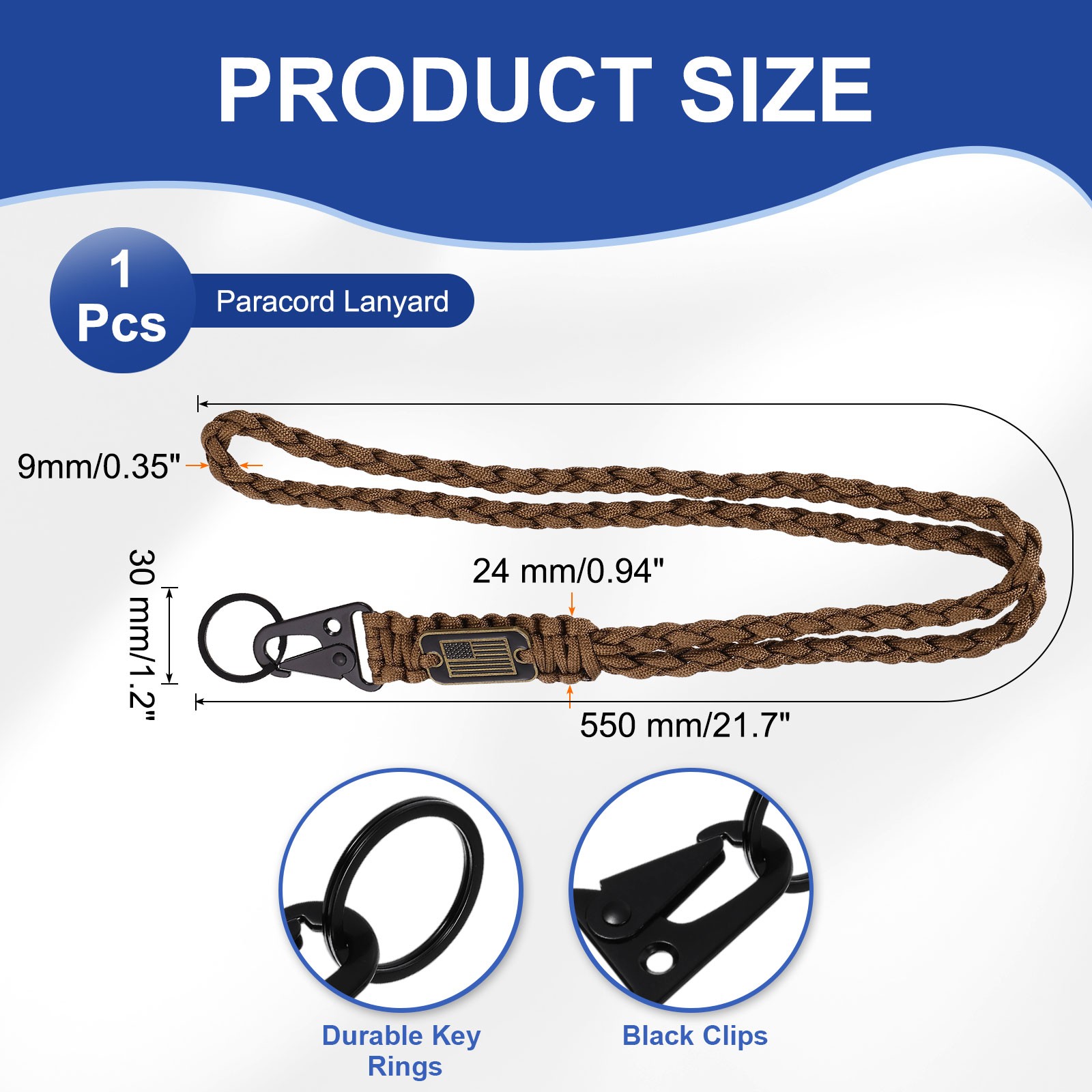 Paracord Lanyard, Strong Lanyard with USA Flag, Brown