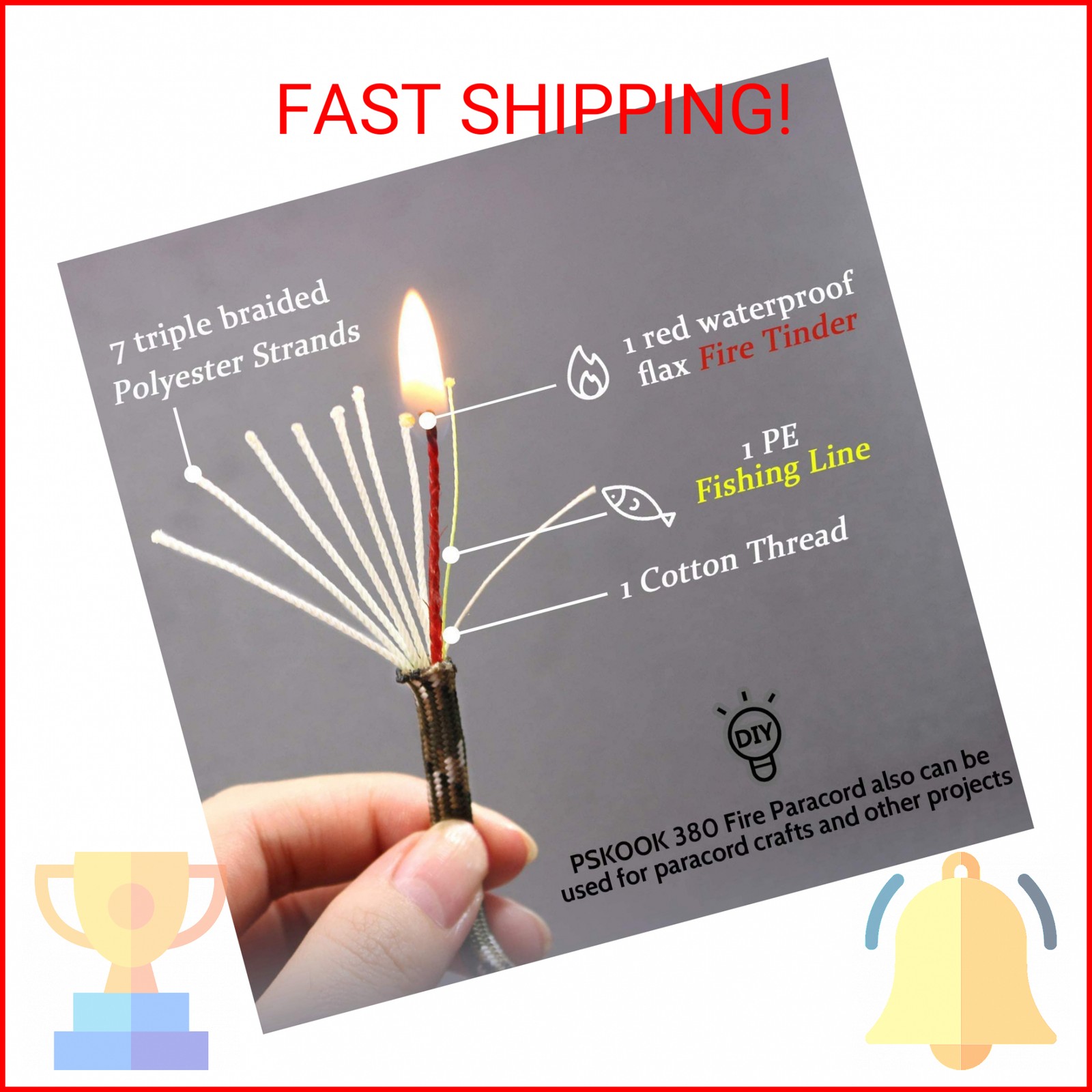 Survival Paracord Rope PSKOOK 100 Feet Fire Starter Parachute Cord 7-Strand Nylo