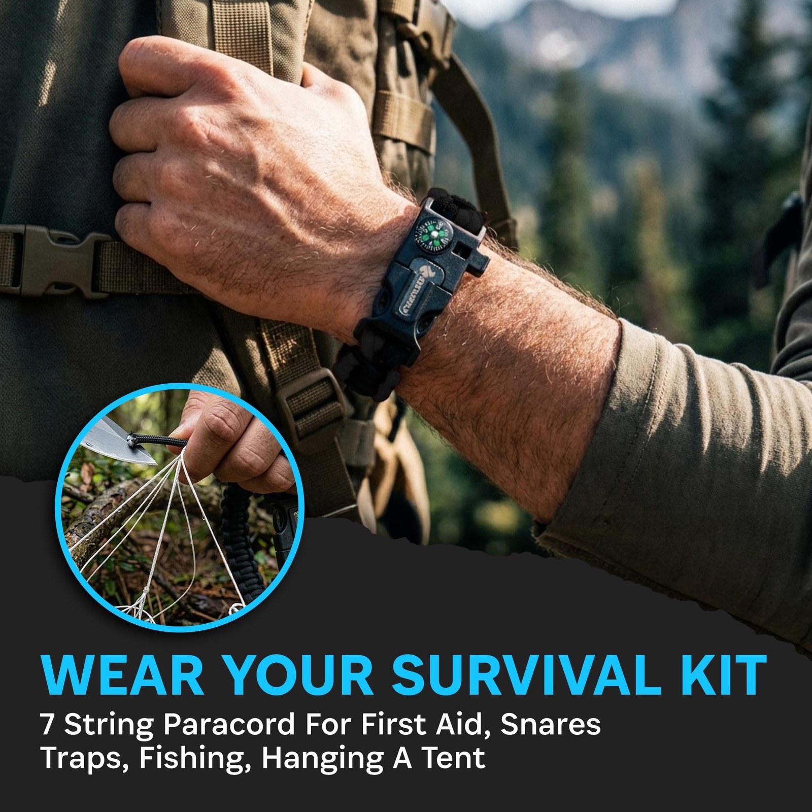 Paracord Bracelet Survival Kit Compass Fire Starter Emergency Whistle Camping Hi