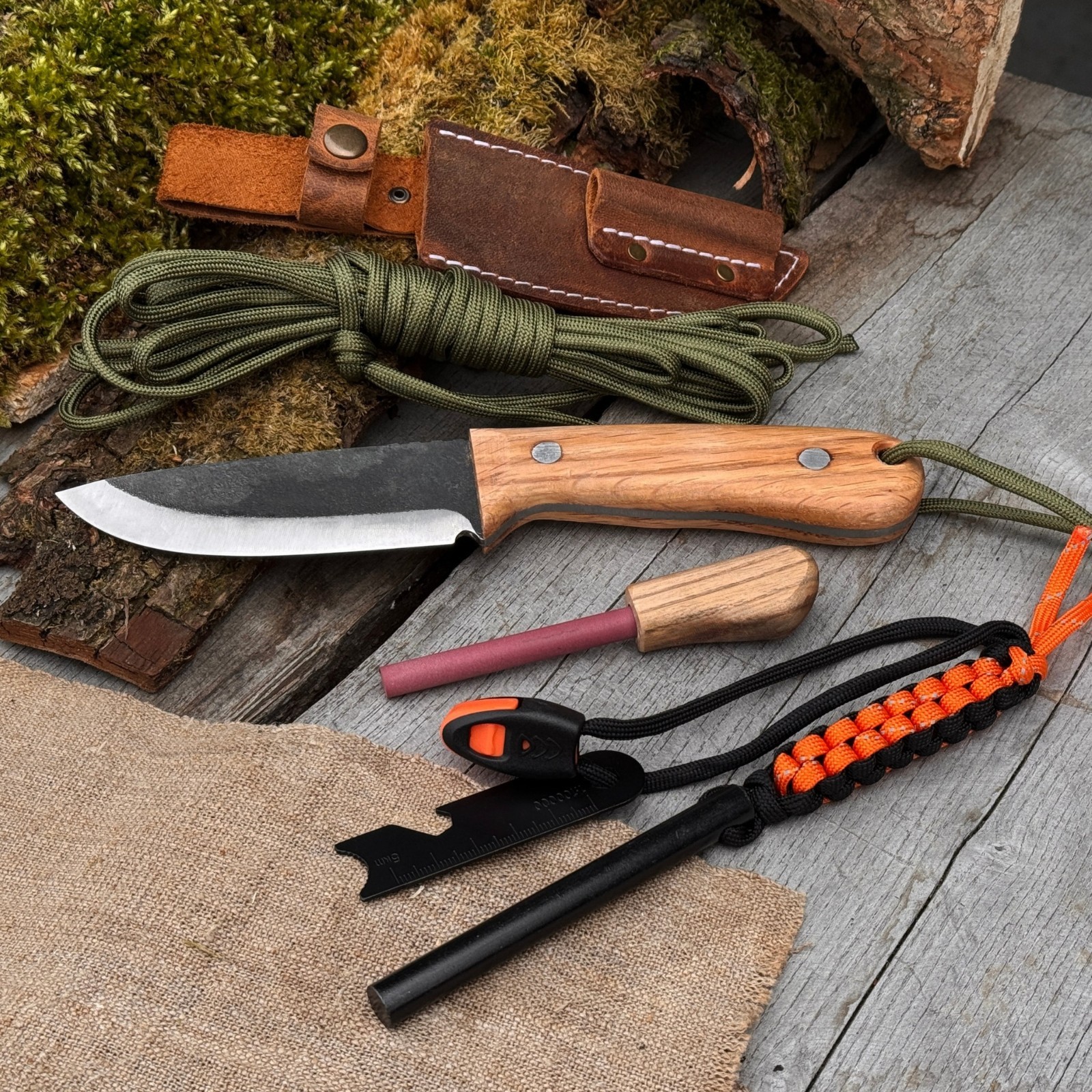 Hiking Kit Bushcraft Knife Set with Forged Knife Ferro Rod Paracord Camping Gear