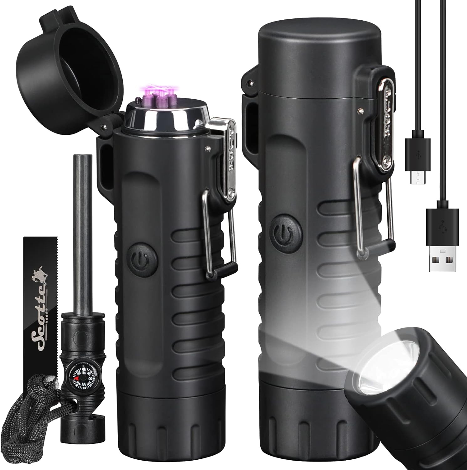 Scotte Plasma Windproof Arc Lighter LED Flashlight 2-in-1 Black