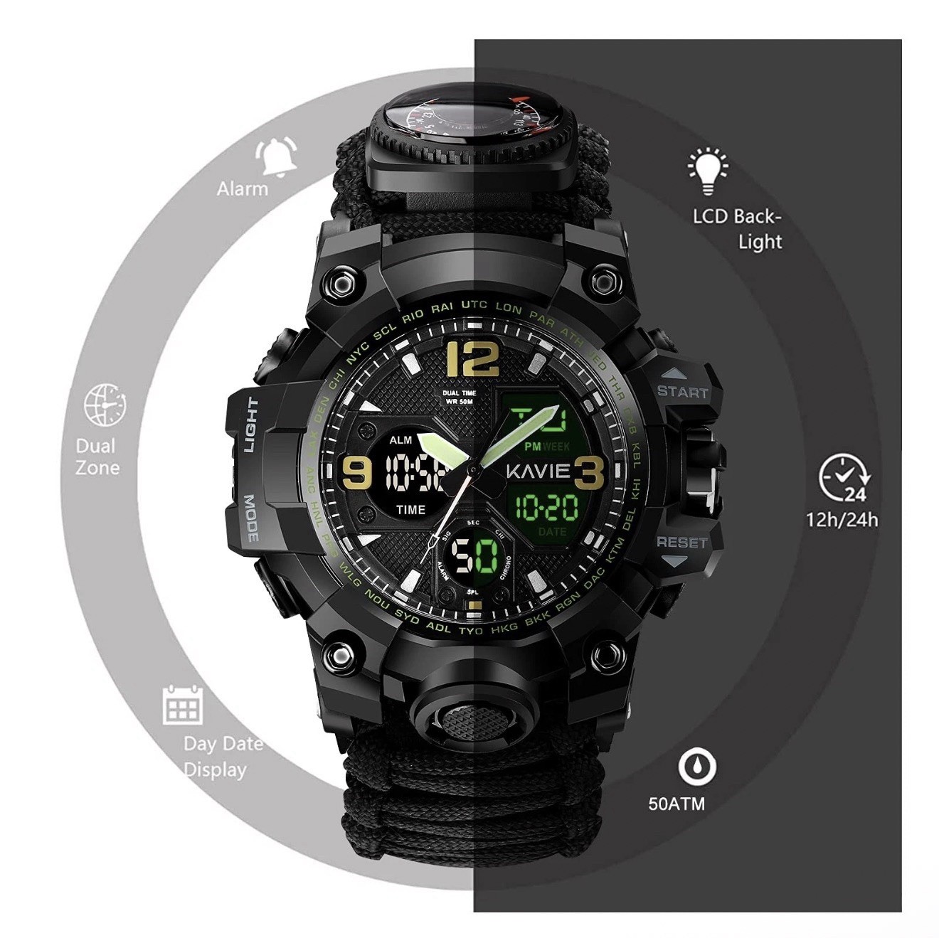 Survival Men’s Tactical Military Digital Watch 23-in-1 Multi-Functional BLACK