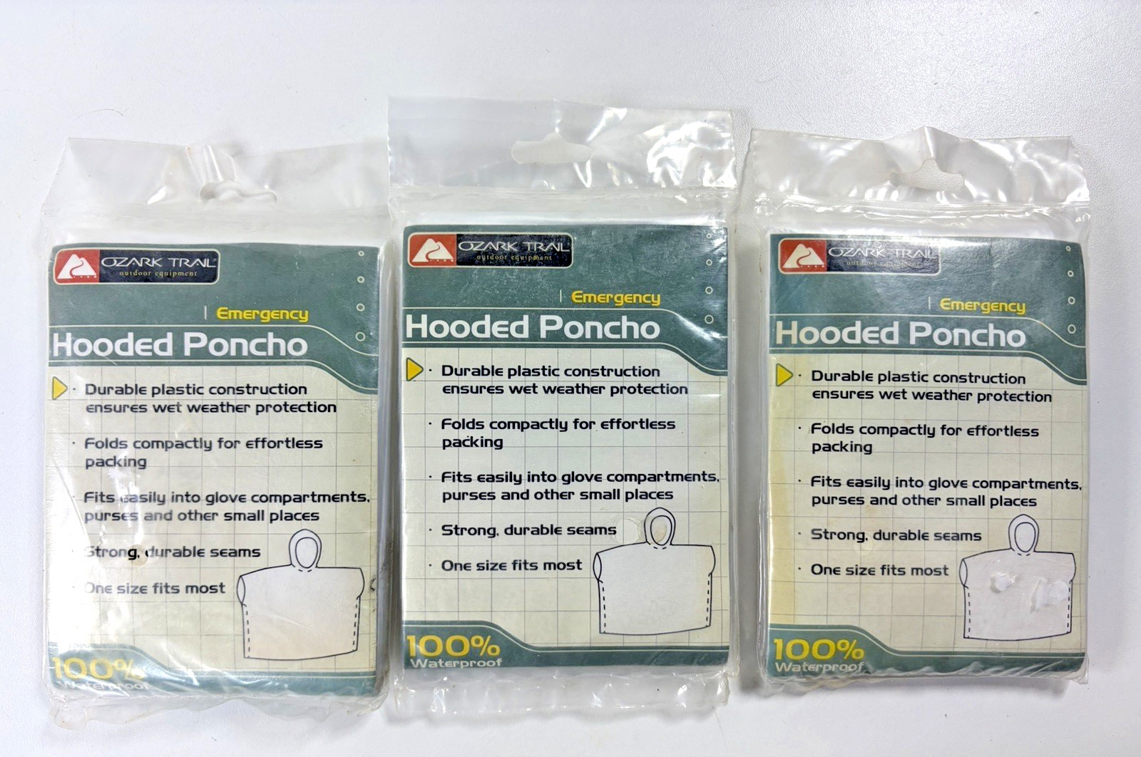 3 Ozark Trail Hooded Emergency Poncho Durable Plastic 100% Waterproof Size: OSFM