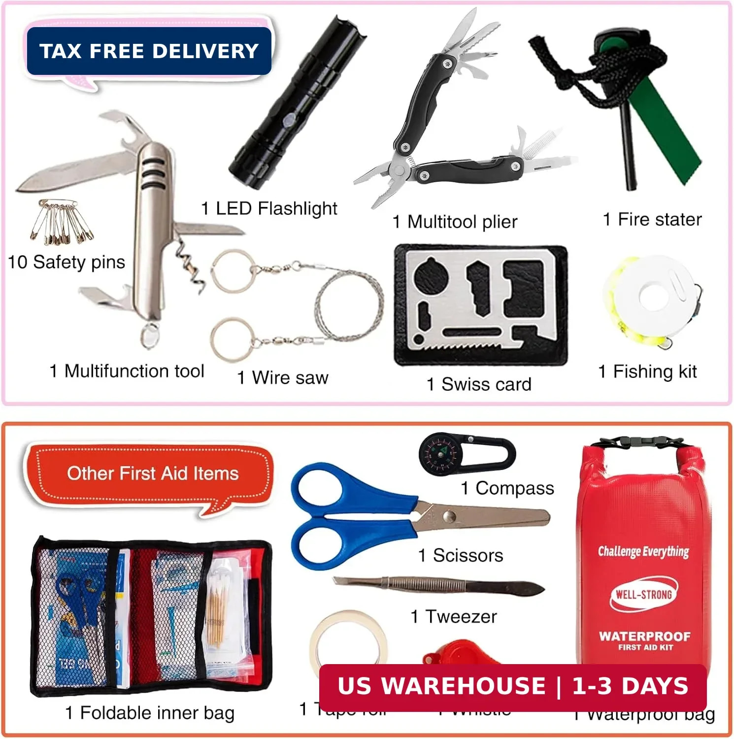 Boat First Aid Kit with Survival Tools, 123pcs Waterproof Emergency Marine Kit w