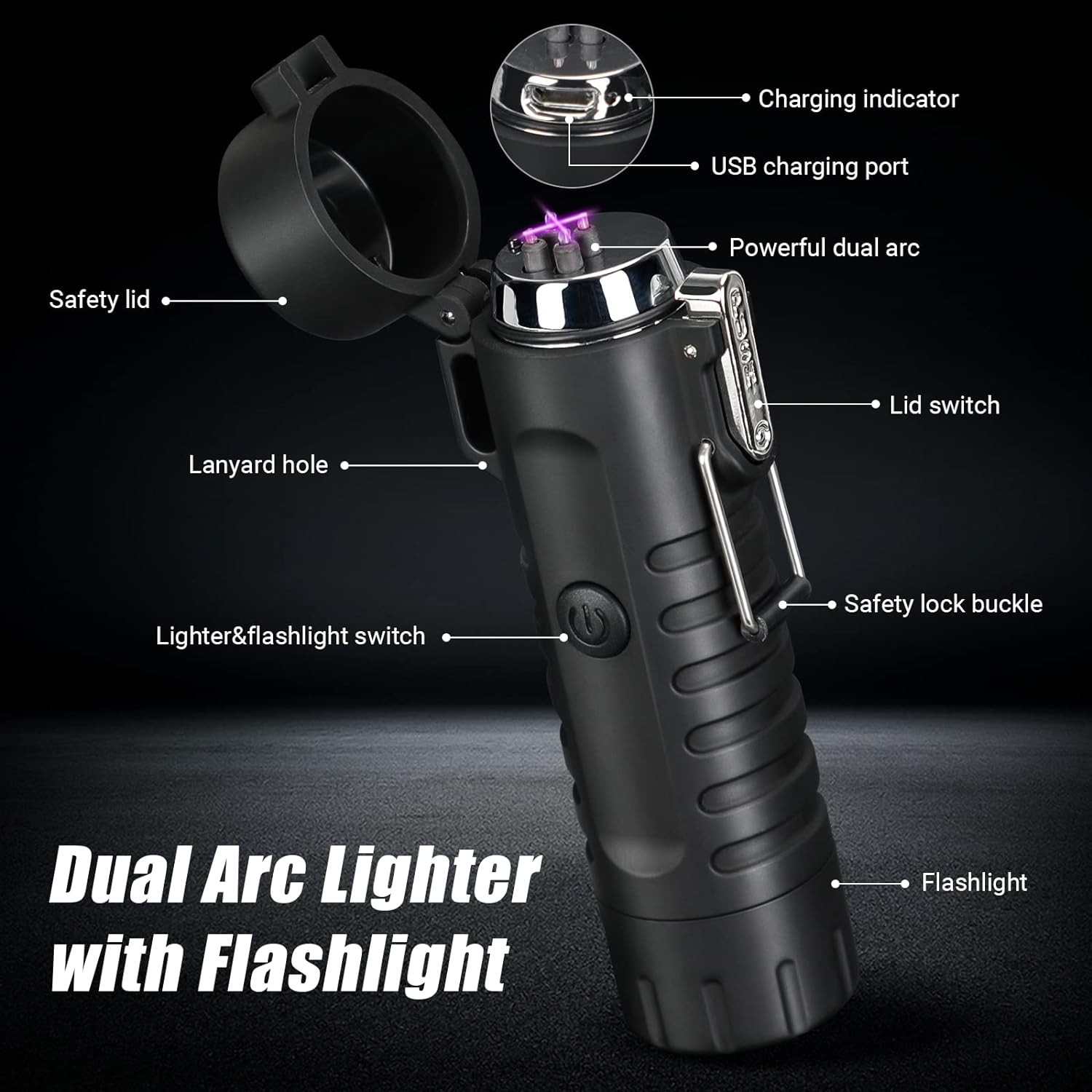 Scotte Plasma Windproof Arc Lighter LED Flashlight 2-in-1 Black