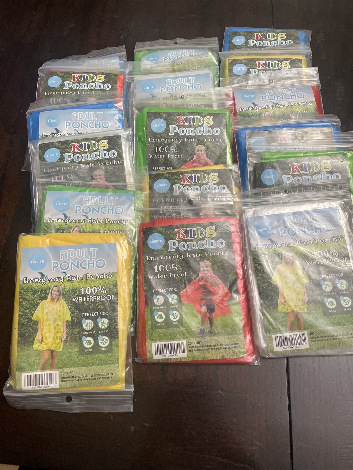 Hooded Packable Emergency Rain Poncho Adult & Child Sizes Waterproof Camp/Sports