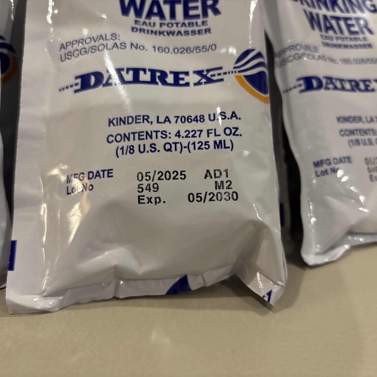 18 Pk ~ Datrex / 125-Ml Emergency Disaster or Survival Water Pouch