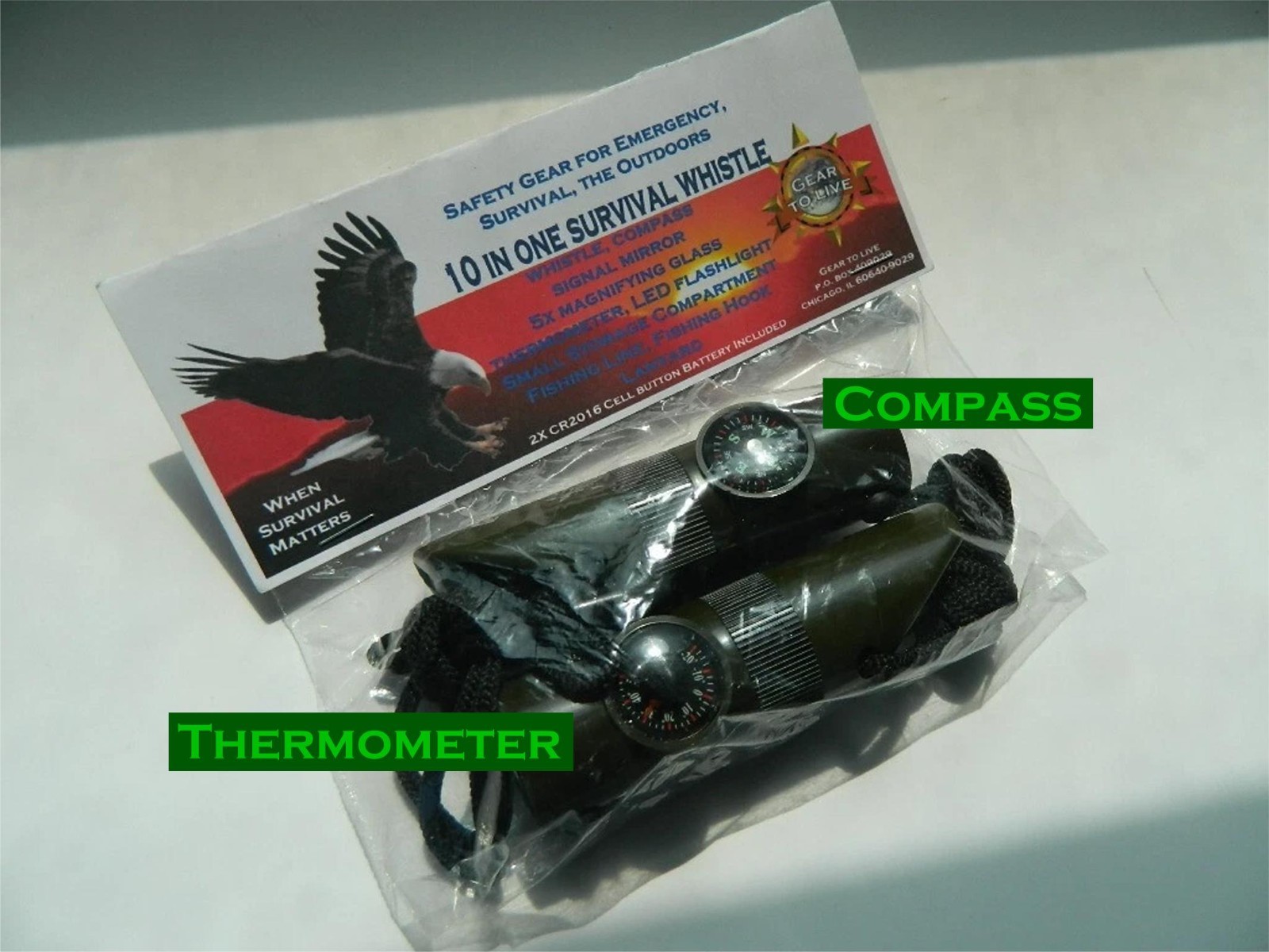 TWO (2) 10 IN 1 SURVIVAL WHISTLES WITH THERMOMETER COMPASS LED MORE FREE SS SAW